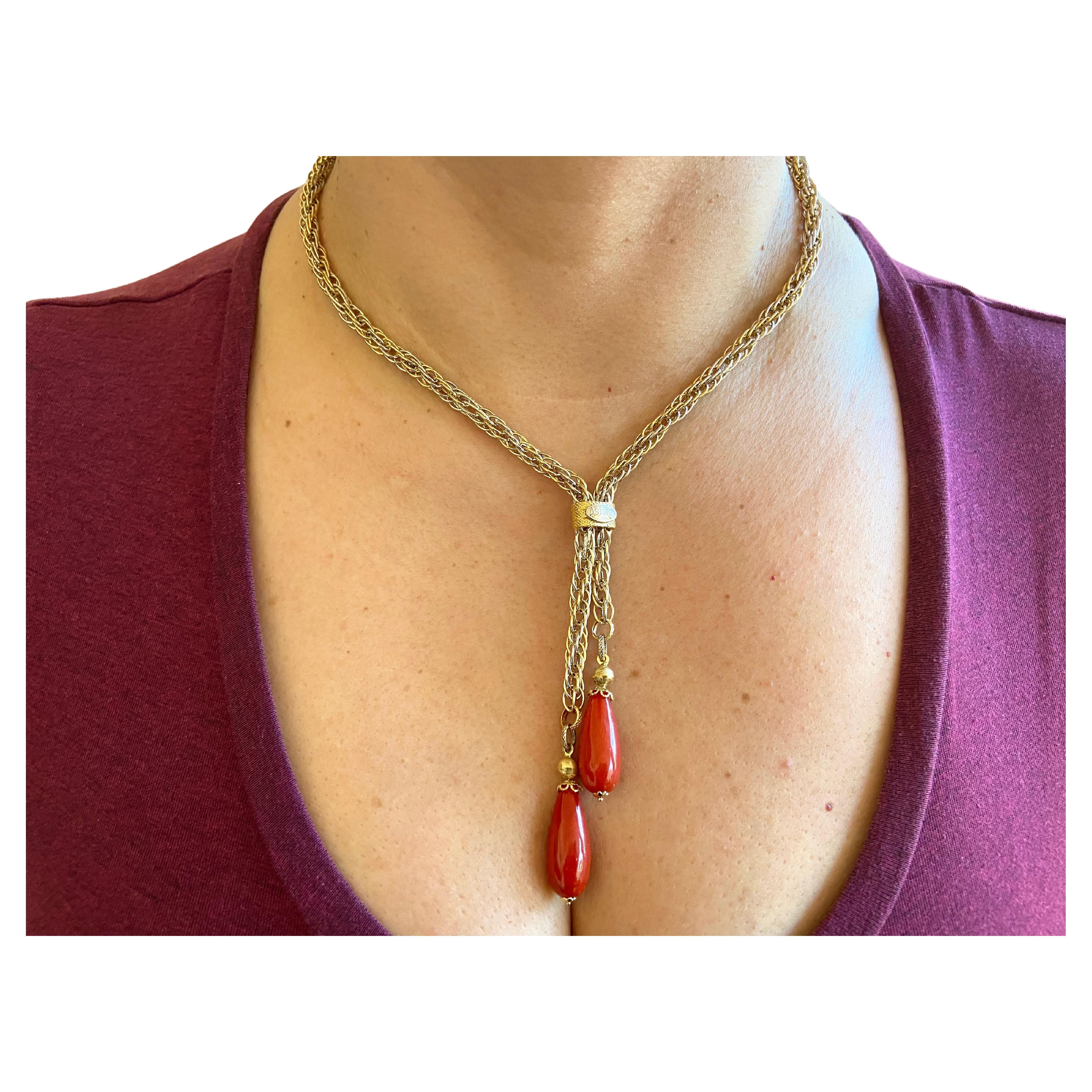 Italy Modernism Seashell Necklace in 14Kt Yellow Gold with Pink Coral