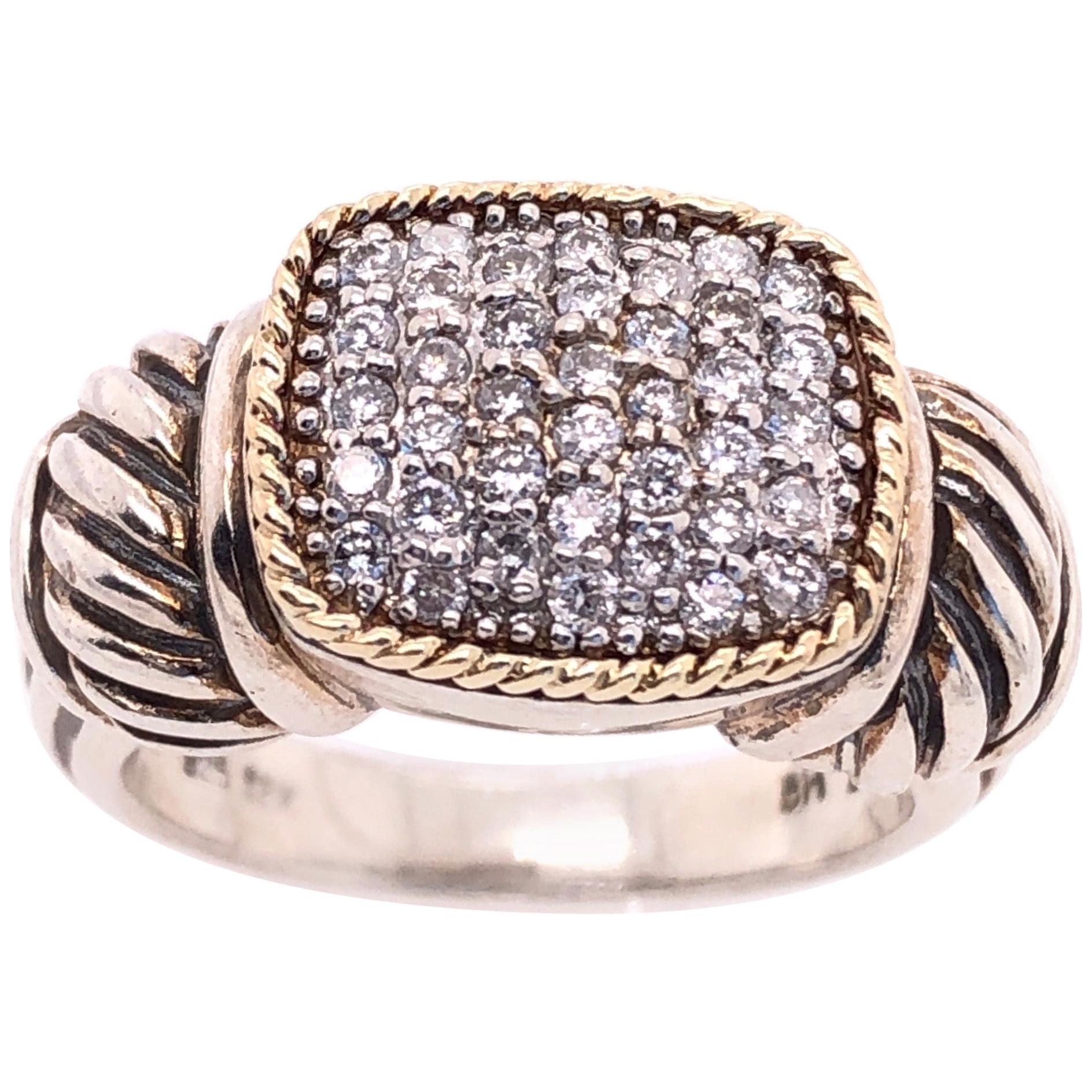 18 Karat Yellow Gold and Sterling Silver with Diamond Cluster Center Ring For Sale