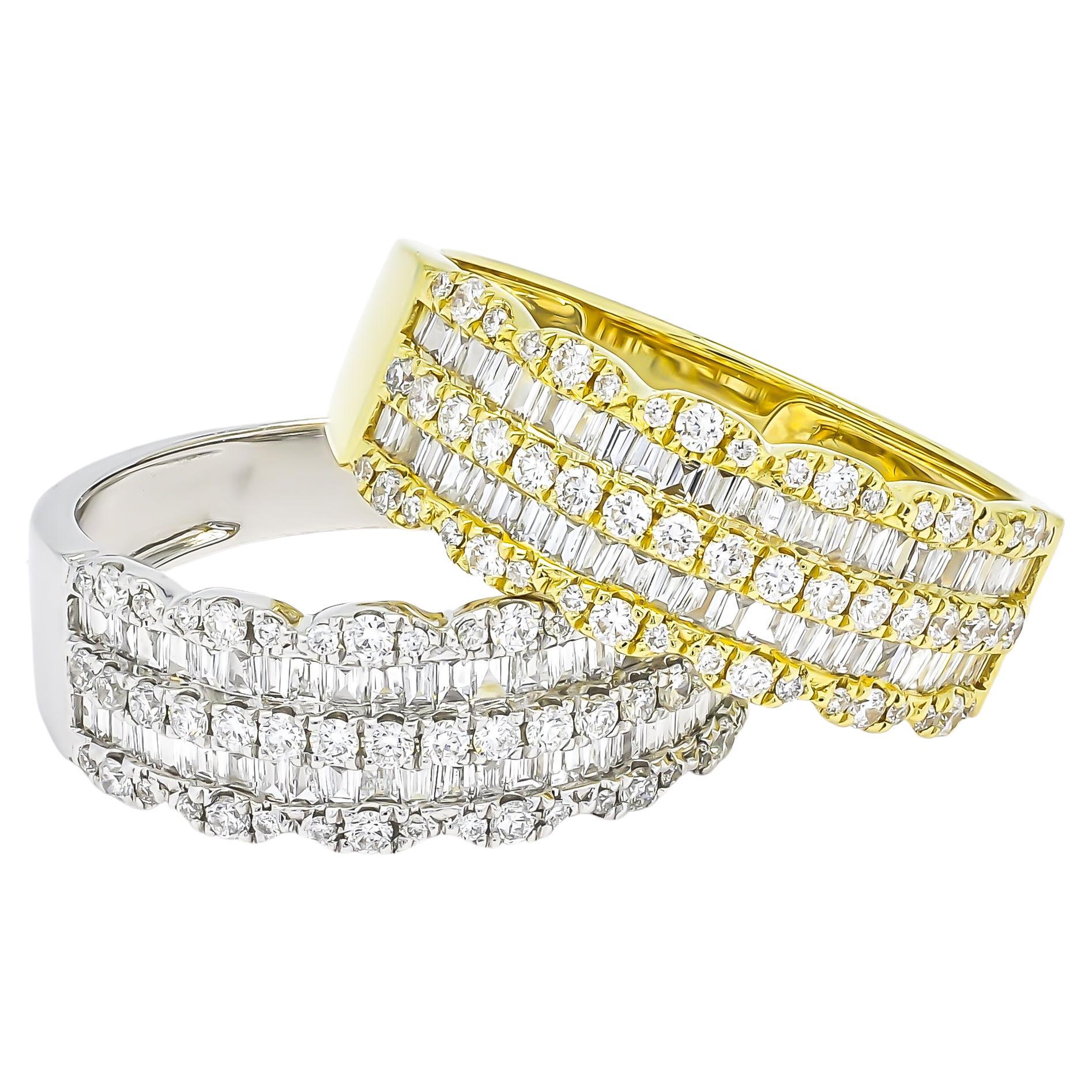 If you're looking for a beautiful and versatile diamond band that can be worn alone or stacked with other rings, consider a baguette and round diamond channel set 18 kt Yellow gold band. This exquisite piece features a row of alternating baguette