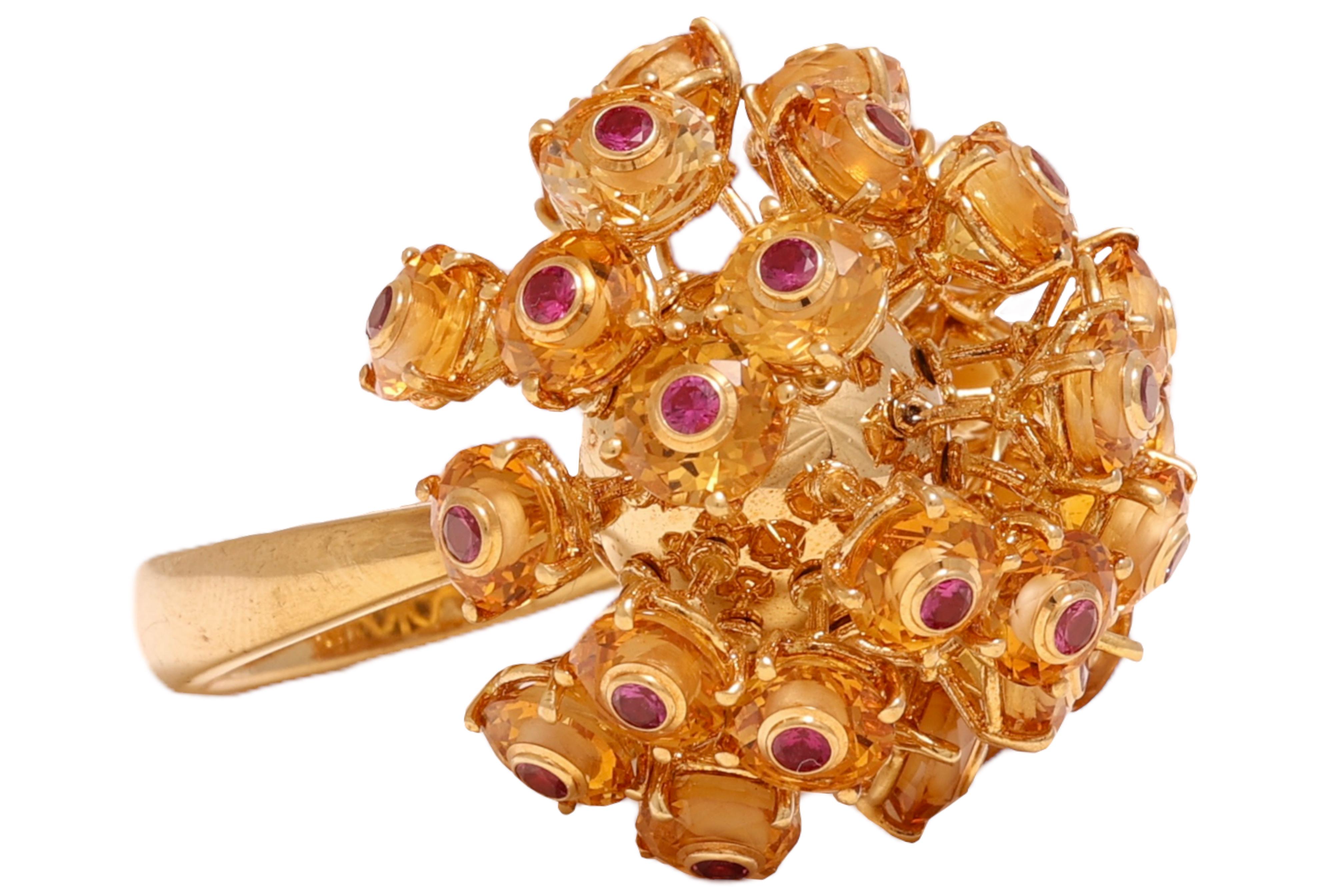 Round Cut  18 kt. Yellow Gold Ball of Moving 1.65 ct. Rubies and Citrine For Sale