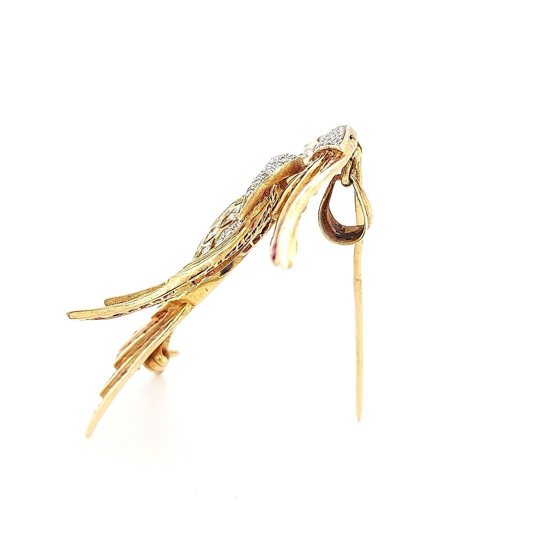 Women's or Men's 18kt Yellow Gold Bird of Paradise Brooch / Pendant with Diamonds and Ruby For Sale