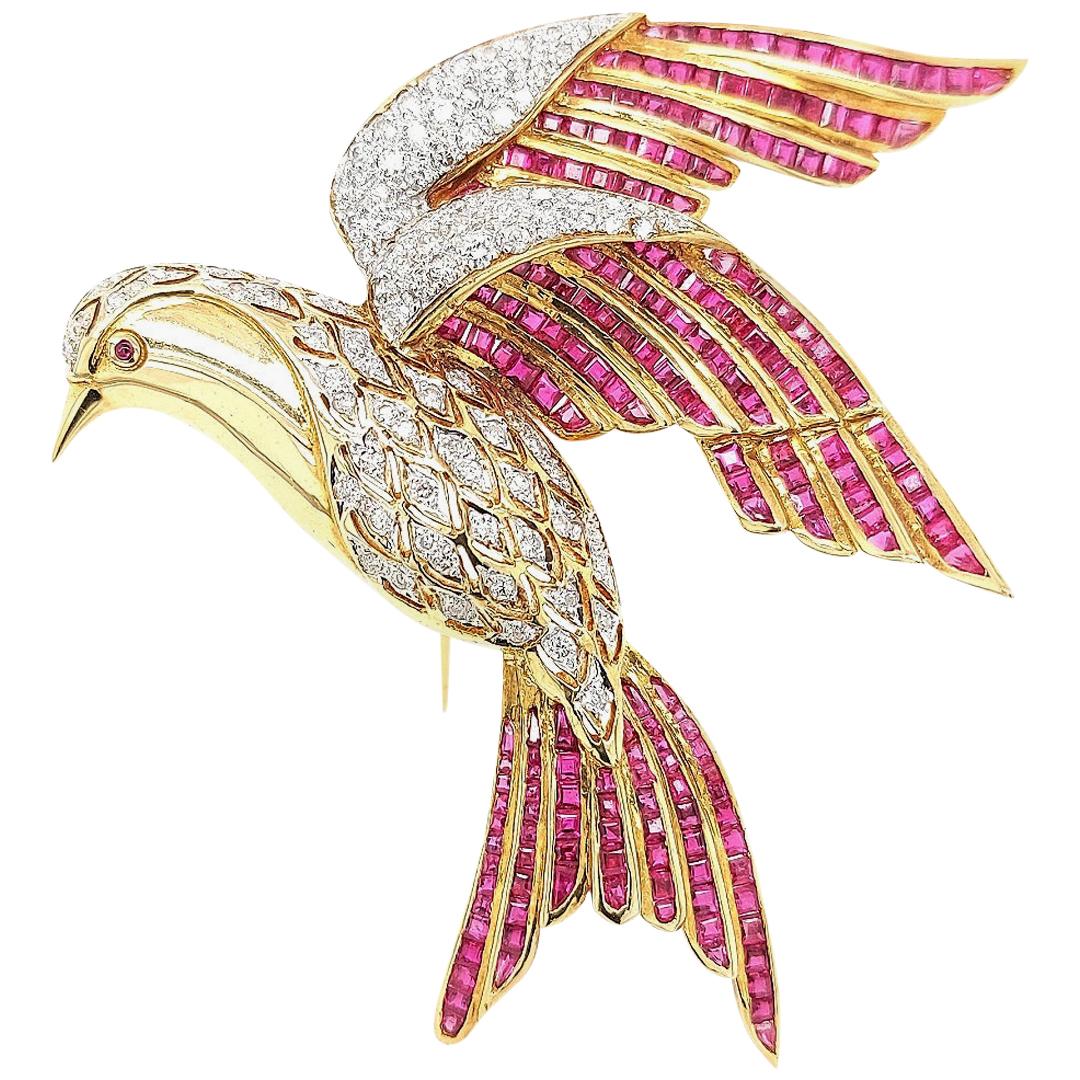 18kt Yellow Gold Bird of Paradise Brooch / Pendant with Diamonds and Ruby