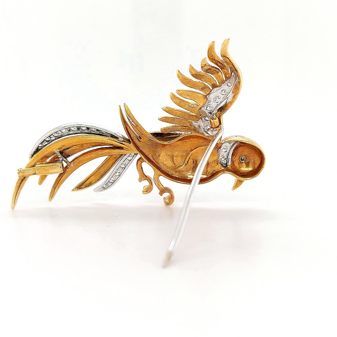 Artisan 18 Karat Yellow Gold Bird of Paradise Brooch with Diamonds and Enamel For Sale