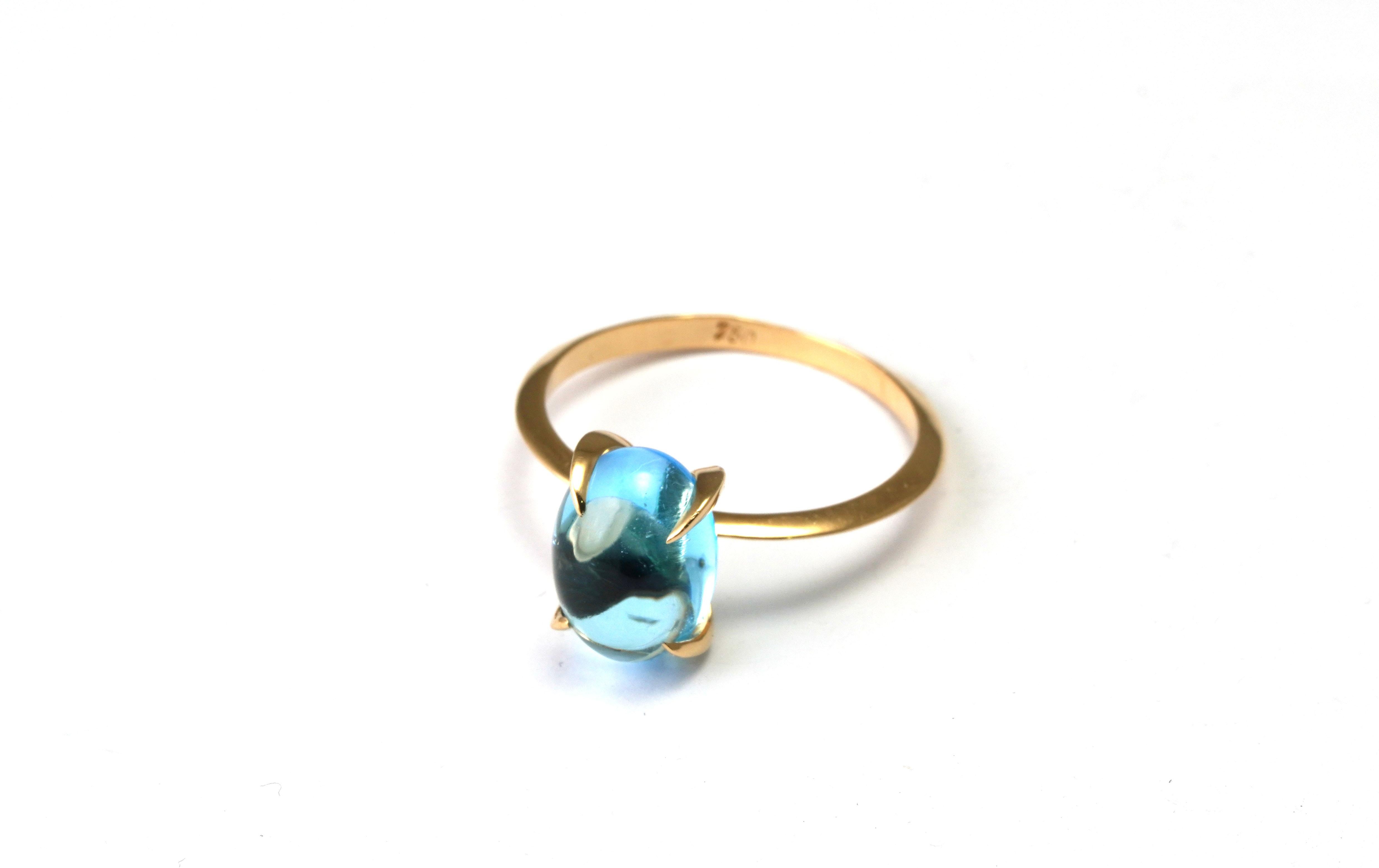 18 kt Gold ring with Blue Topaz
Gold color: Yellow
Ring size: 6 1/2 US
Total weight: 2.65 grams

Set with:
- Topaz
Cut: Cabochon
Weight: 4.65 ct
Color: Blue