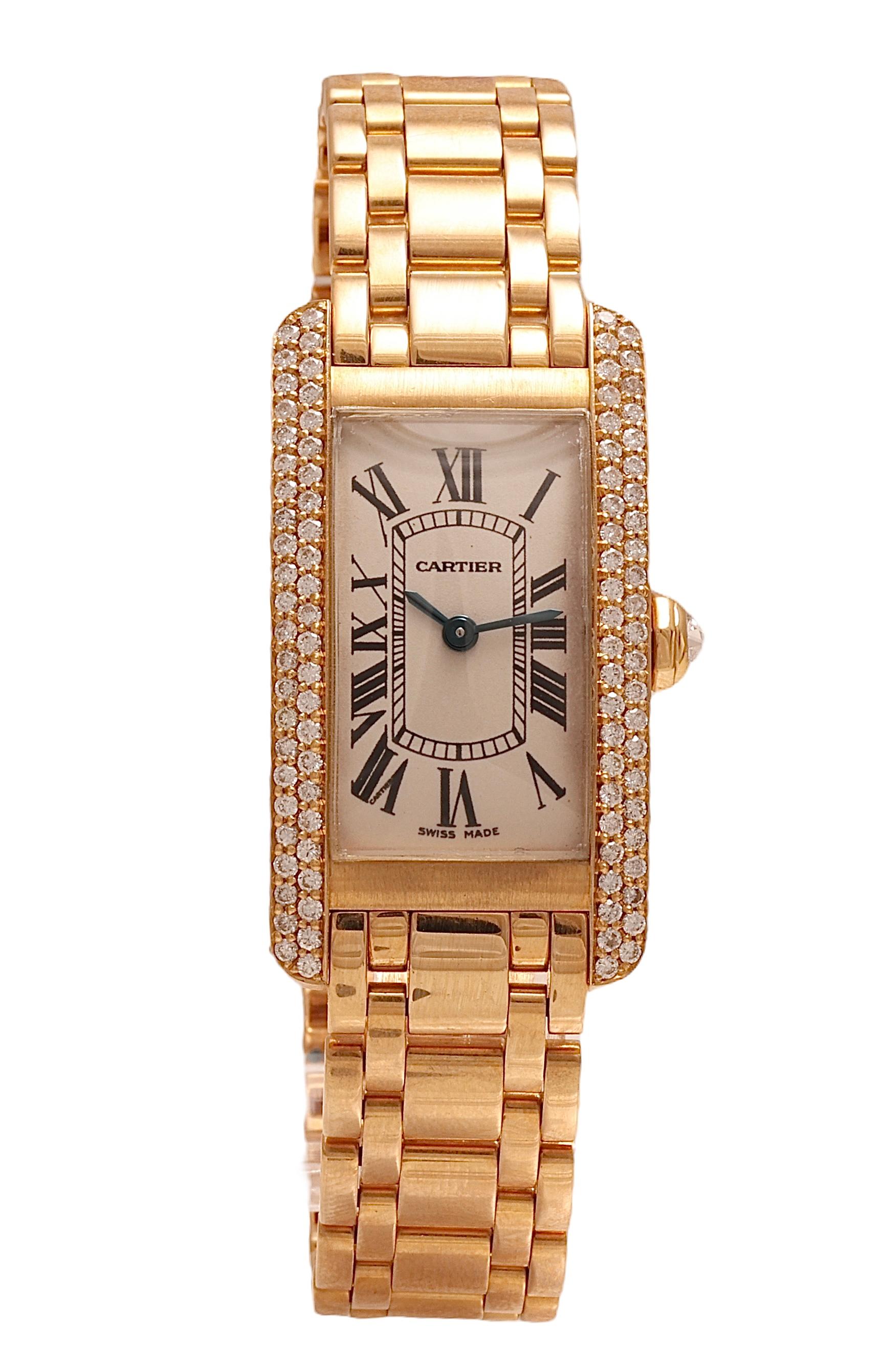18 kt. Gelbgold Cartier Américaine 1710 Damen-Armbanduhr, mit Box und Papier (Brillantschliff)