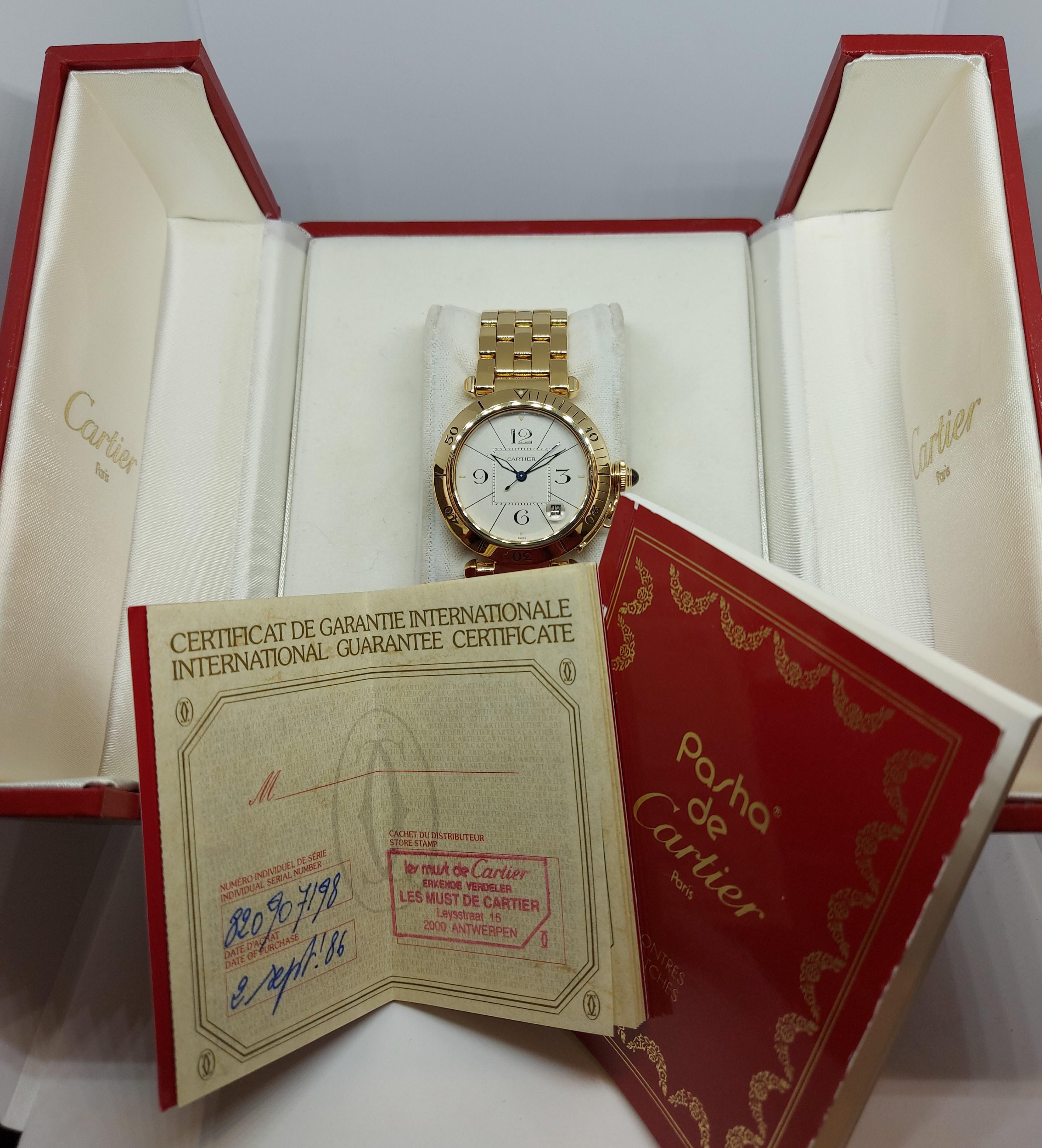 18 Karat Yellow Gold Cartier Pasha, Automatic, with Box and Papers 11