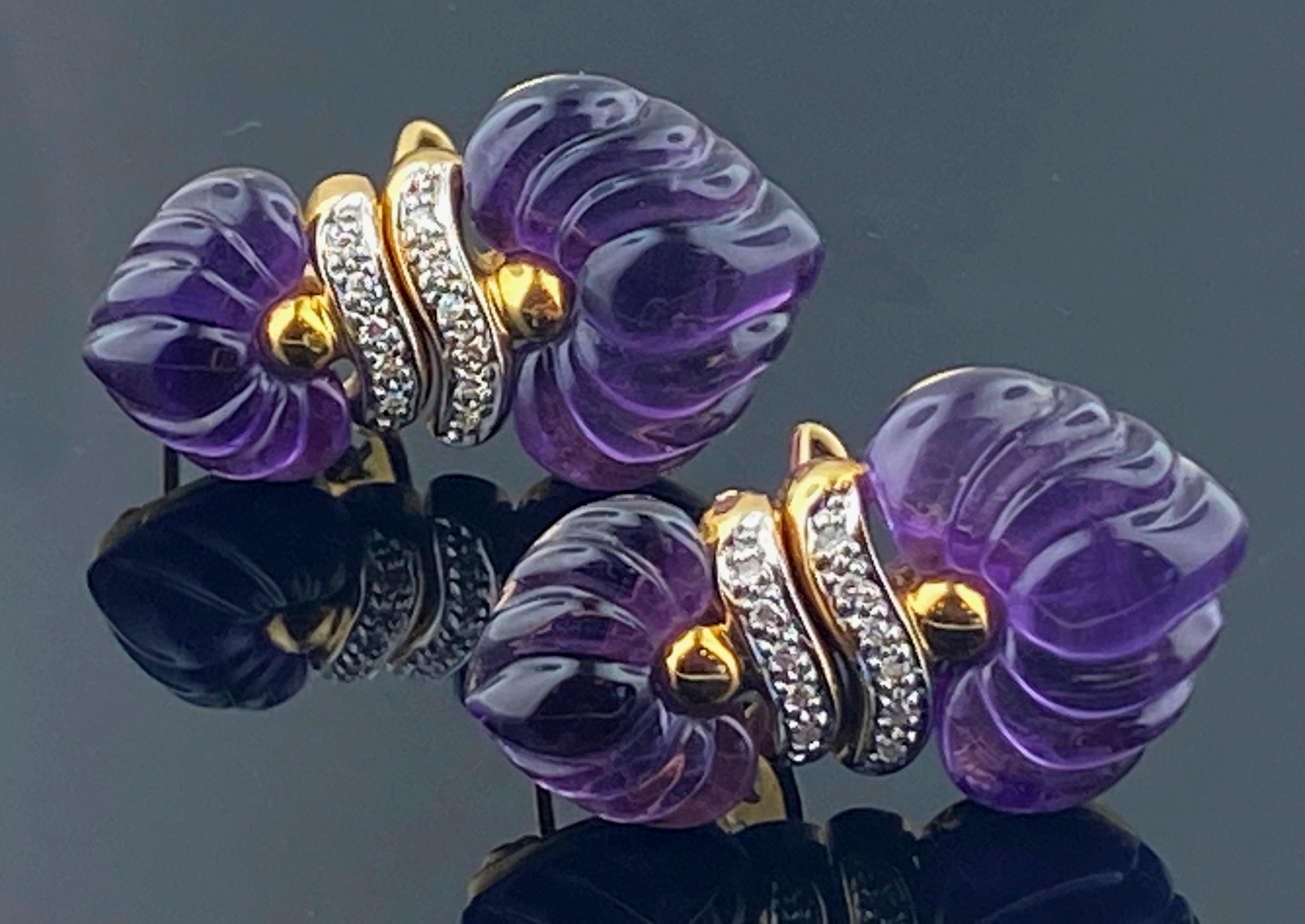Round Cut 18 KT Yellow Gold Carved Amethyst & Diamond Earrings For Sale