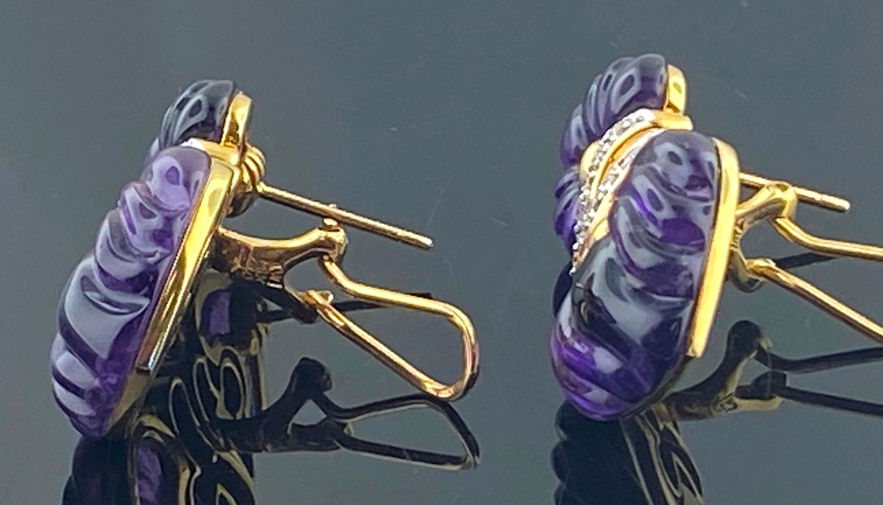 18 KT Yellow Gold Carved Amethyst & Diamond Earrings In Excellent Condition For Sale In Palm Desert, CA