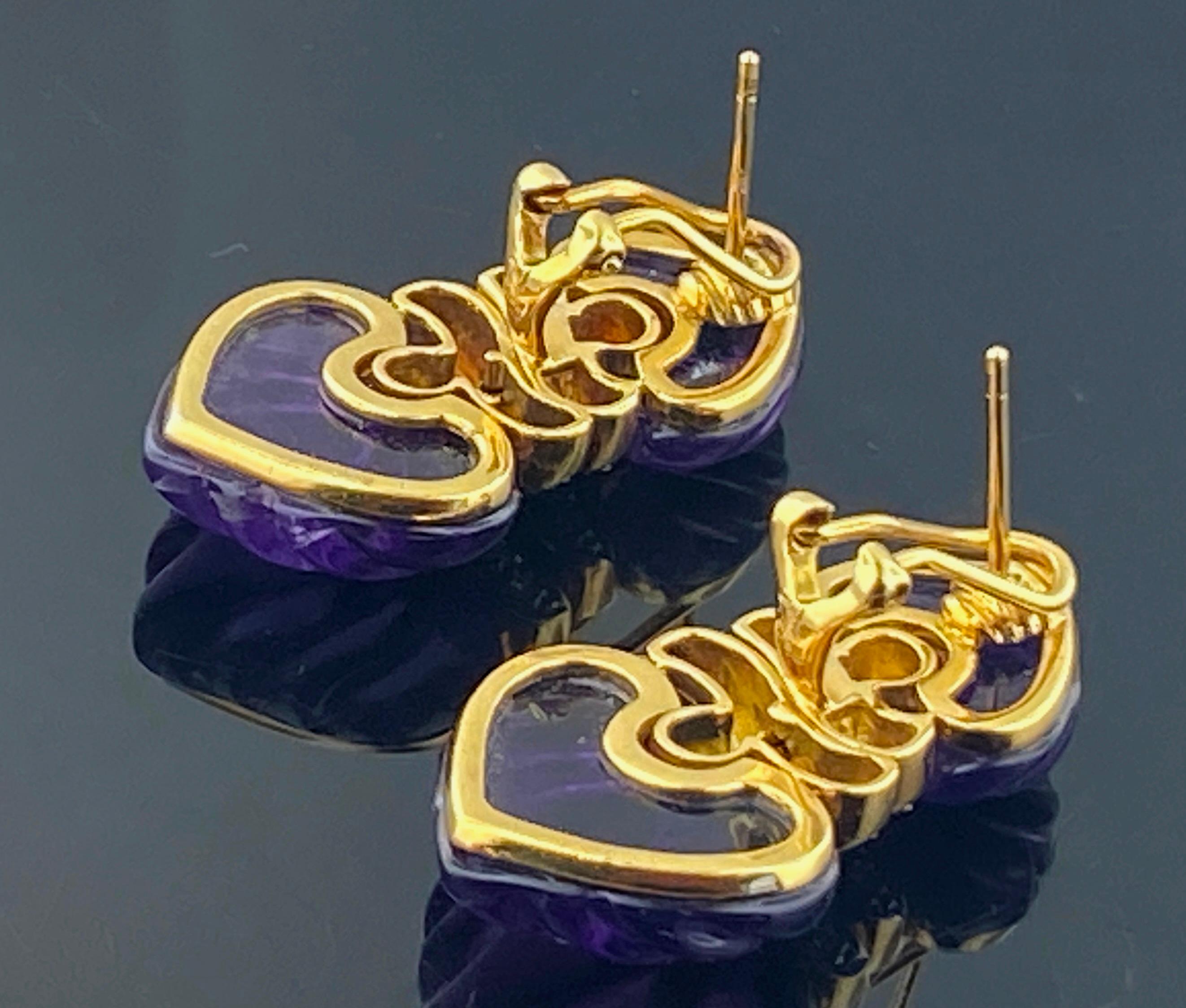 18 KT Yellow Gold Carved Amethyst & Diamond Earrings For Sale 1