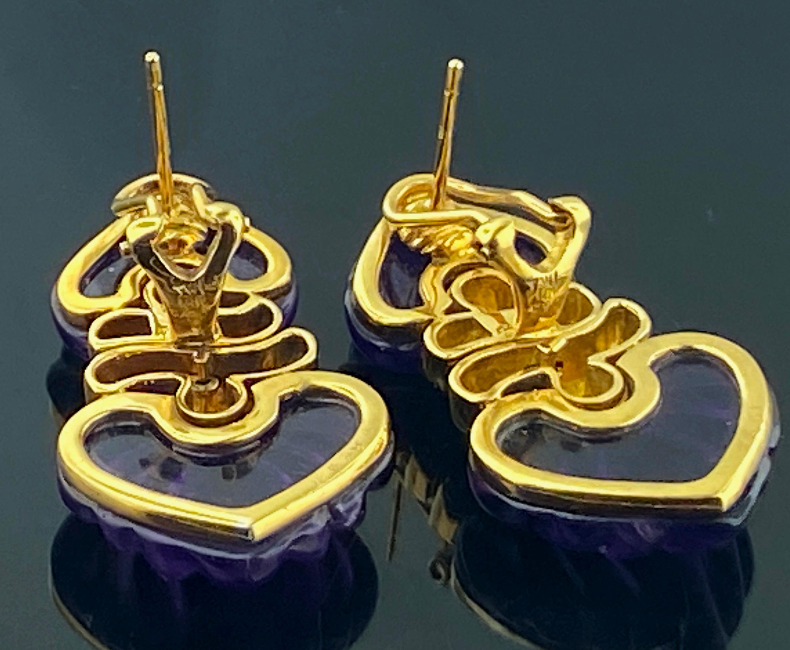 18 KT Yellow Gold Carved Amethyst & Diamond Earrings For Sale 2