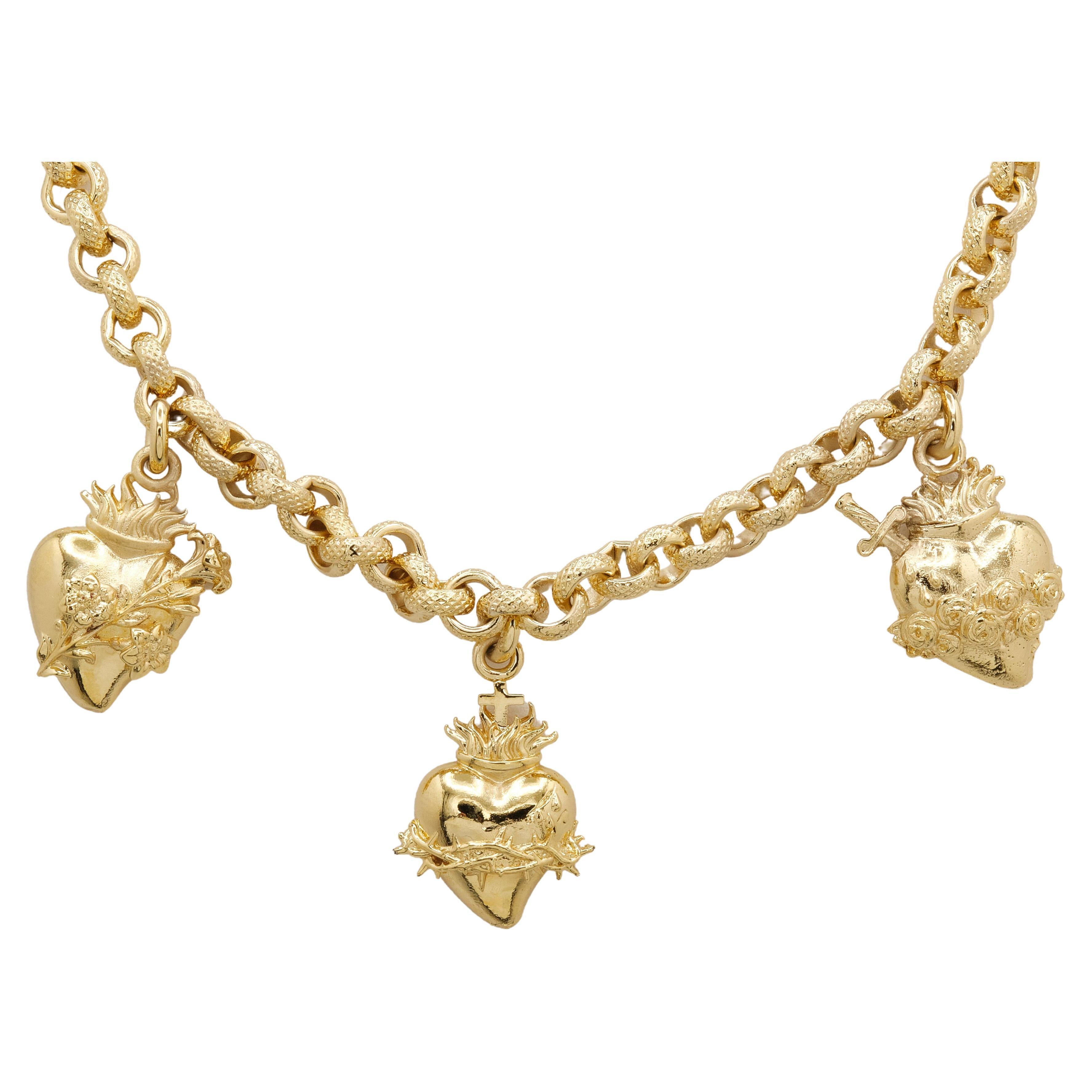 14 Kt Yellow Gold Chain Necklace with Sacred Hearts of Jesus, Joseph and Mary For Sale