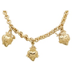 18 Kt Yellow Gold Chain Necklace with Sacred Hearts of Jesus, Joseph and Mary