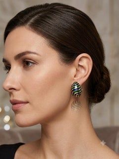 18 KT Yellow Gold Clip On Earrings with Blue and Green Enamel