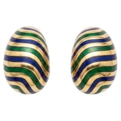 18 KT Yellow Gold Clip On Earrings with Blue and Green Enamel