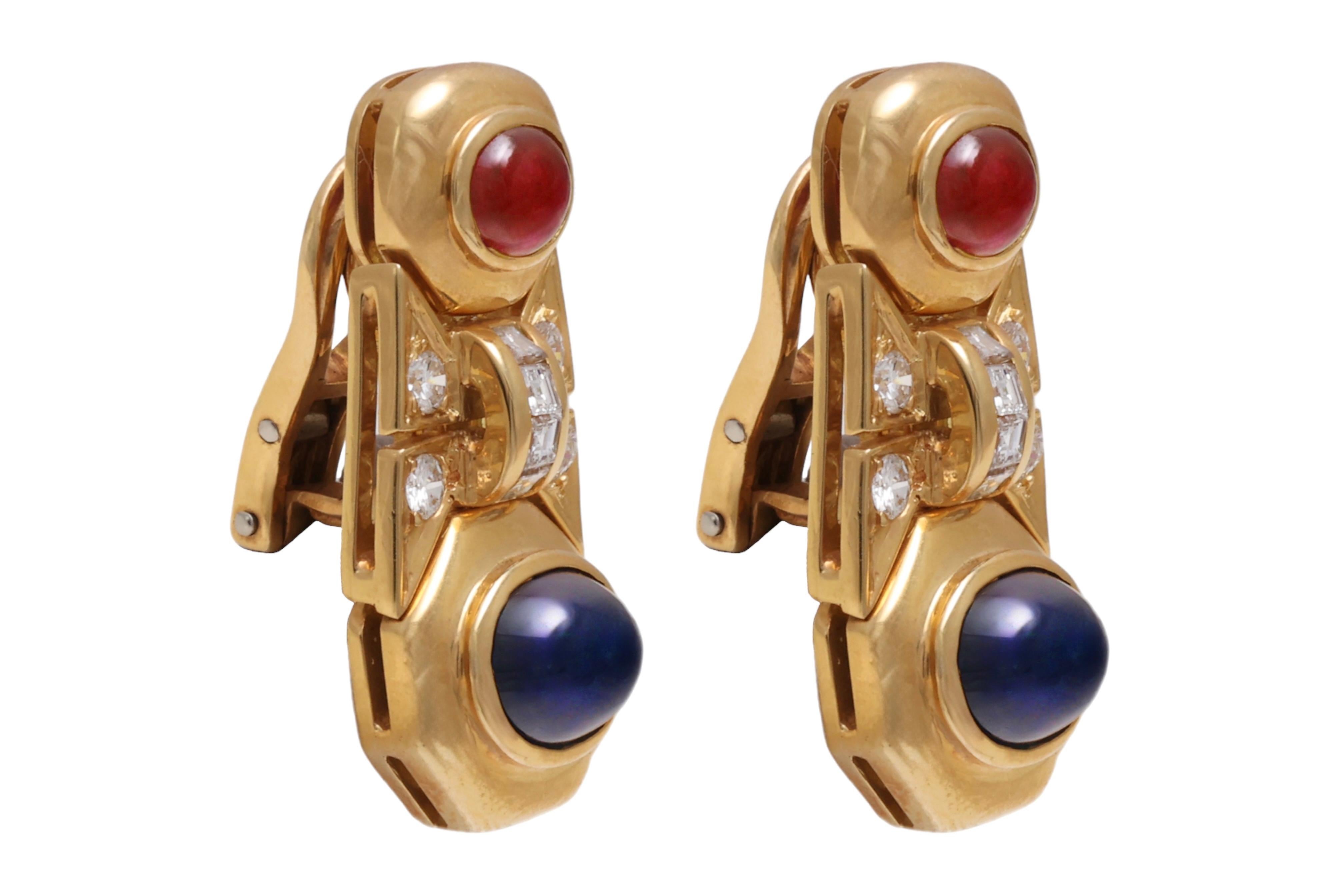 Artisan 18 kt. Yellow Gold Clip-On Earrings With Cabochon Sapphire & Ruby and Diamonds For Sale