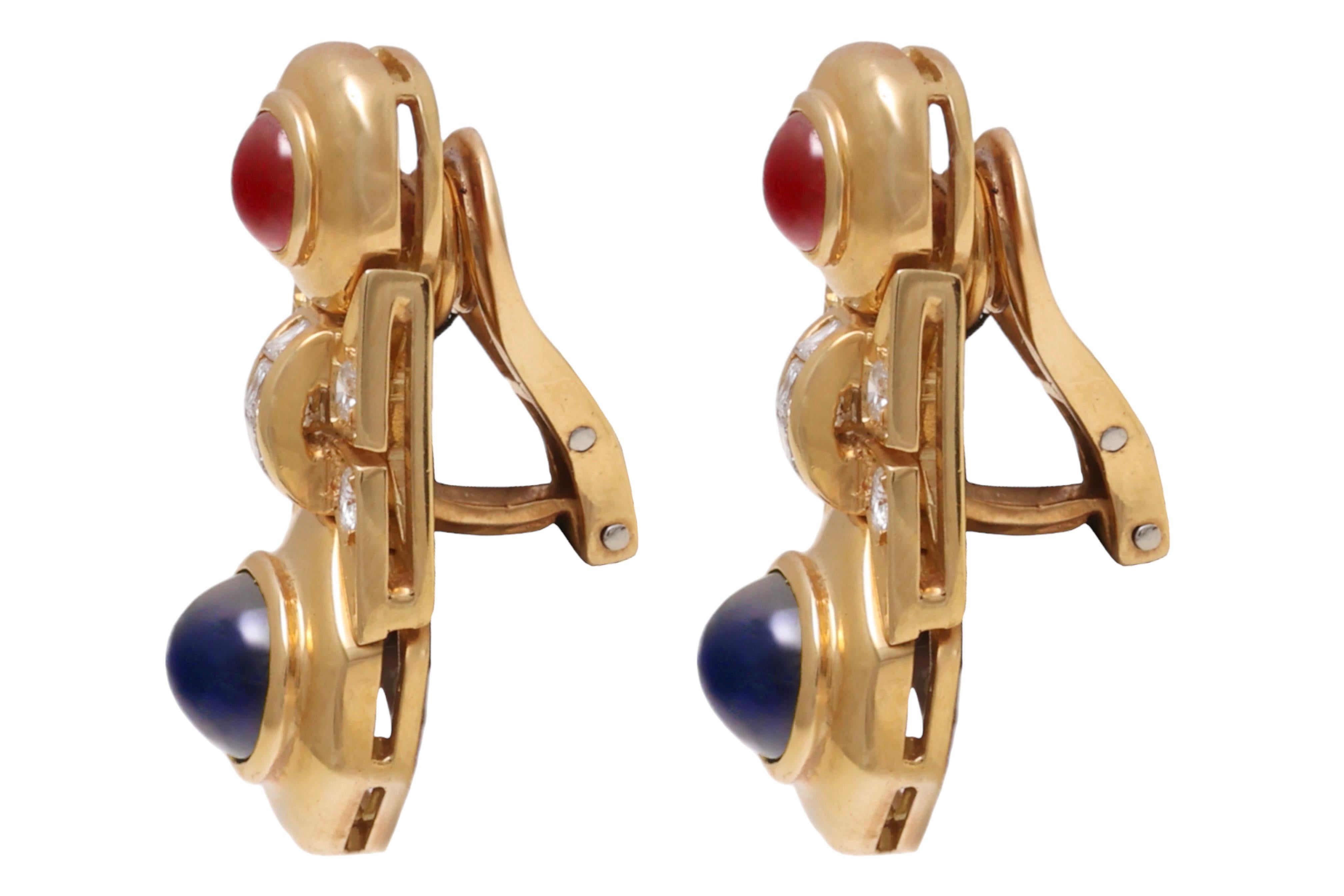 Women's or Men's 18 kt. Yellow Gold Clip-On Earrings With Cabochon Sapphire & Ruby and Diamonds For Sale