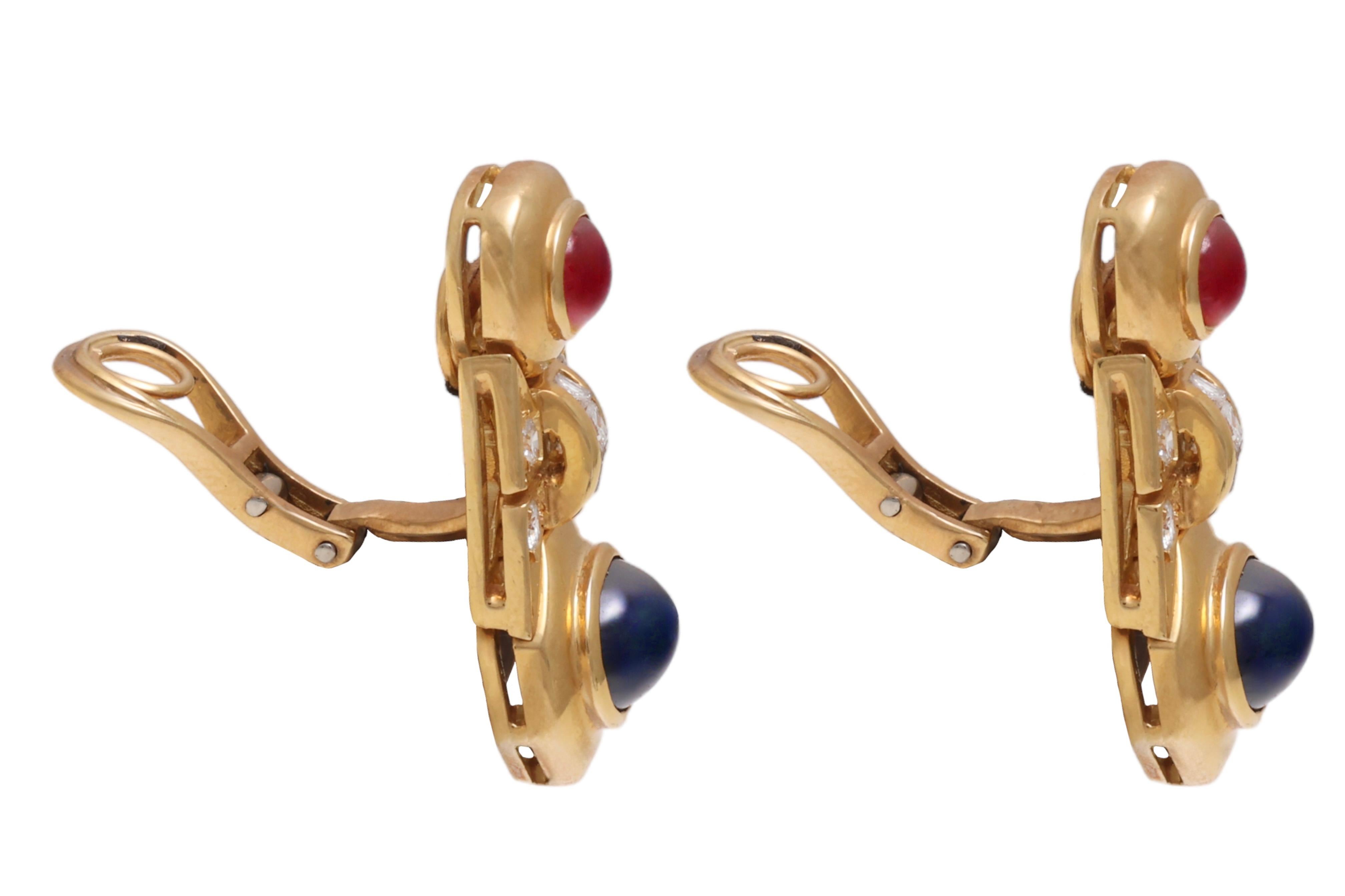 18 kt. Yellow Gold Clip-On Earrings With Cabochon Sapphire & Ruby and Diamonds For Sale 1