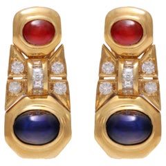 Vintage 18 kt. Yellow Gold Clip-On Earrings With Cabochon Sapphire & Ruby and Diamonds
