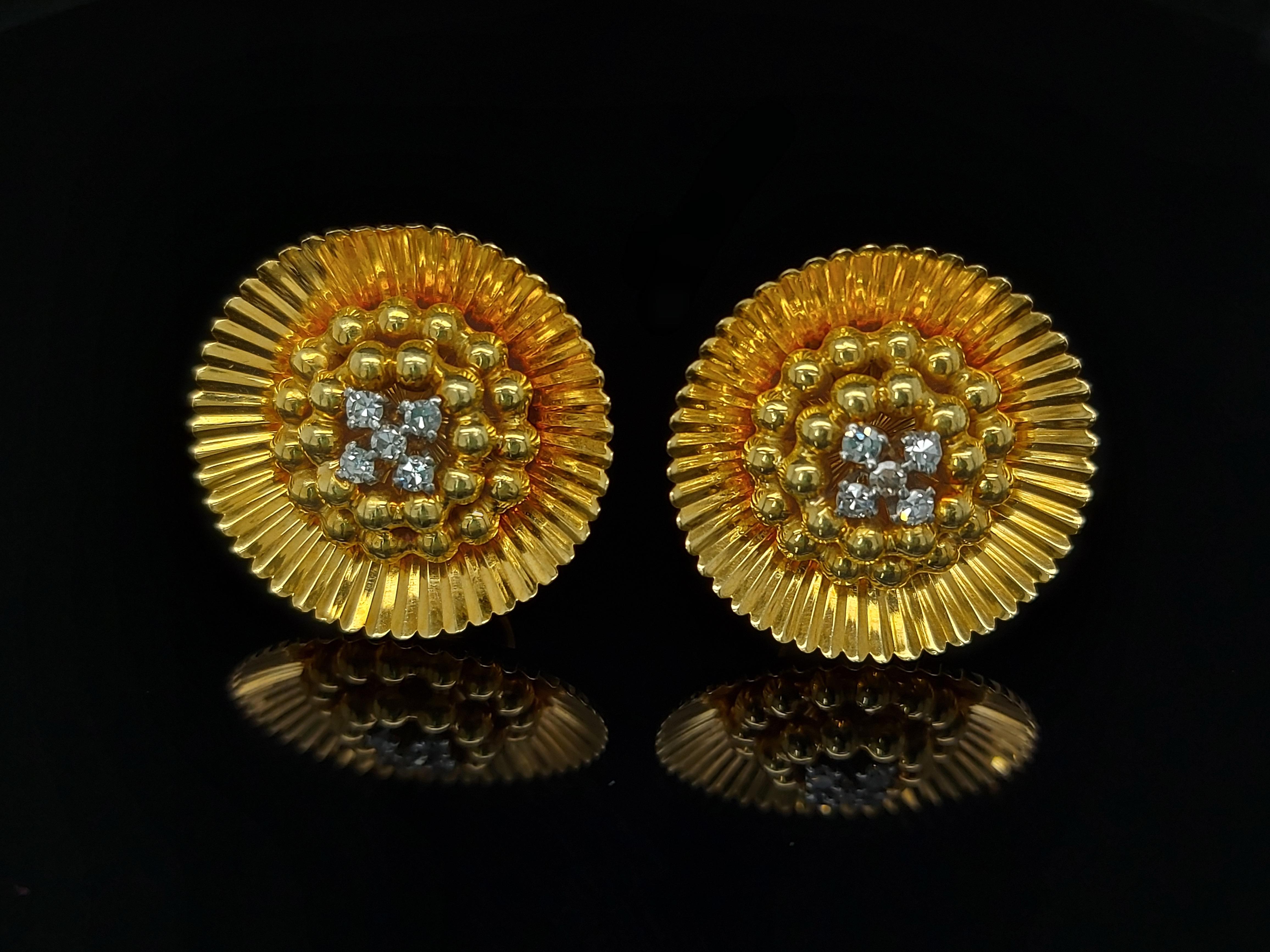 Artisan 18 Karat Yellow Gold Clip-On Flower Shape Earrings 8/8 Cut Diamonds 0.26 Carat For Sale