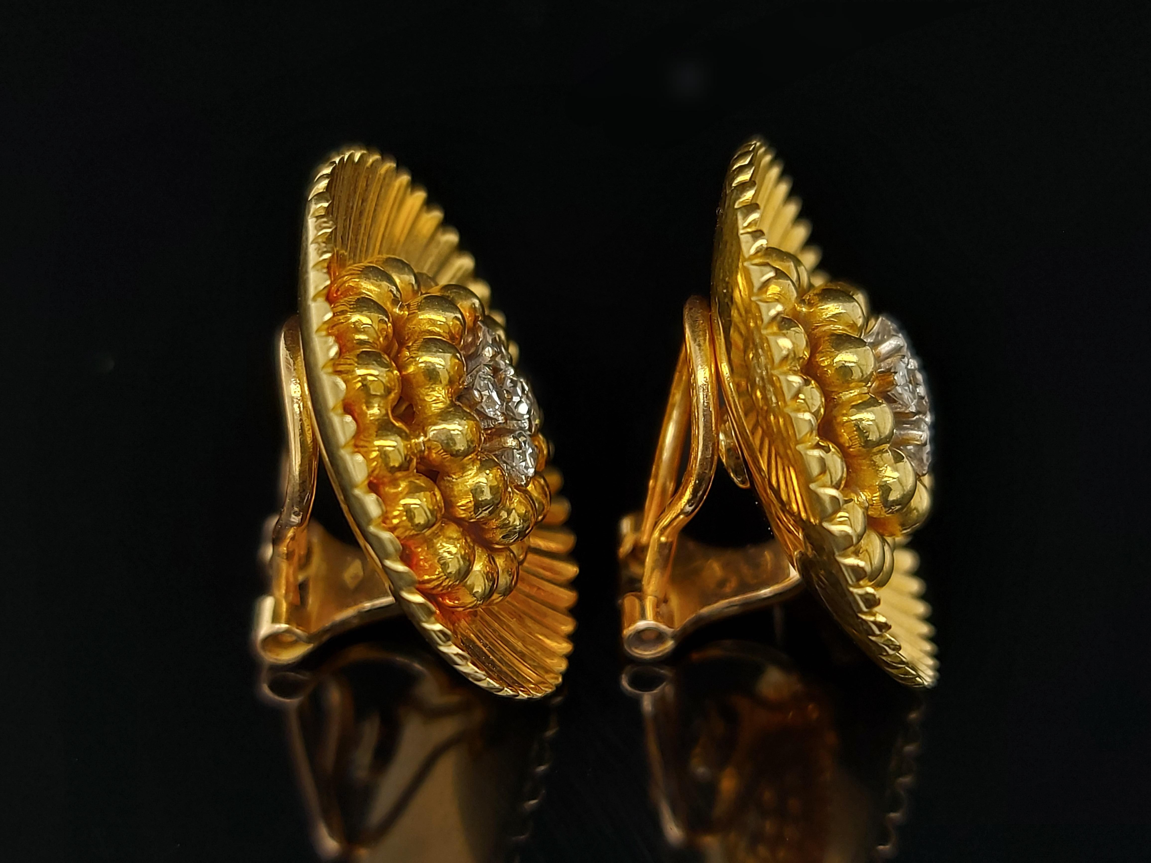 Women's 18 Karat Yellow Gold Clip-On Flower Shape Earrings 8/8 Cut Diamonds 0.26 Carat For Sale