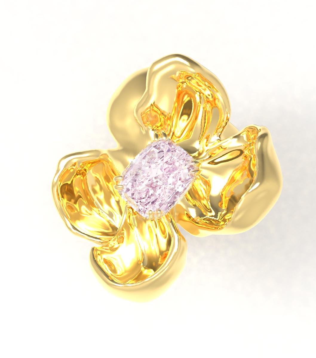 This Magnolia Flower Sculptural brooch is crafted in 18 karat yellow gold and features a large certified fancy light purplish pink diamond of excellent quality. The crushed ice cushion shape is the artist's favorite for displaying the tender color