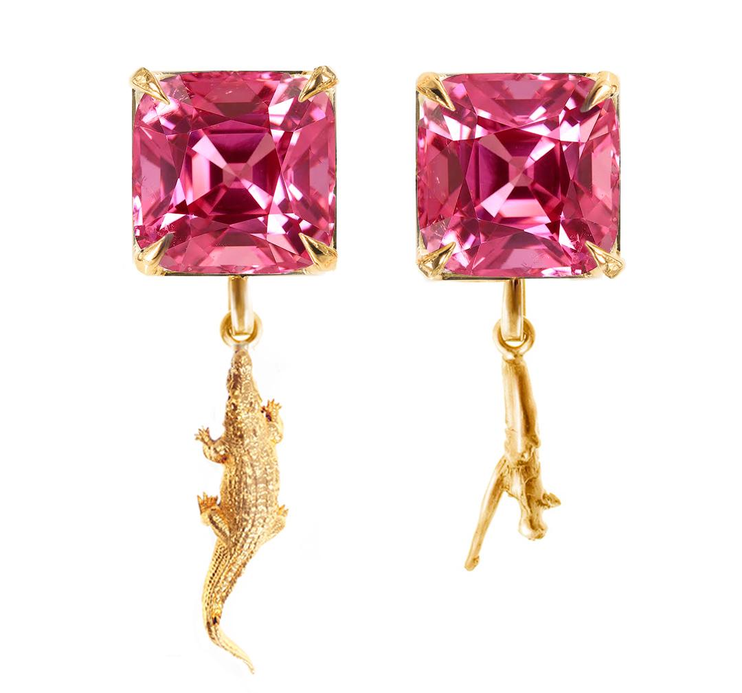 Natural Pink GRS Certified Spinel Yellow Gold Contemporary Stud Earrings For Sale 2