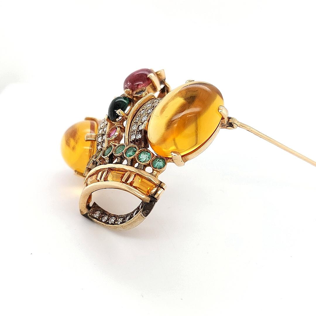 18 Karat Yellow gold Crown Brooch / Pendant with Precious Stones and Diamonds For Sale 1