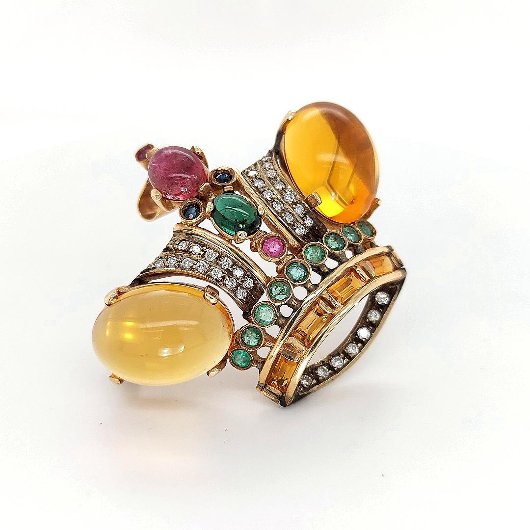 18 Karat Yellow gold Crown Brooch / Pendant with Precious Stones and Diamonds For Sale 3