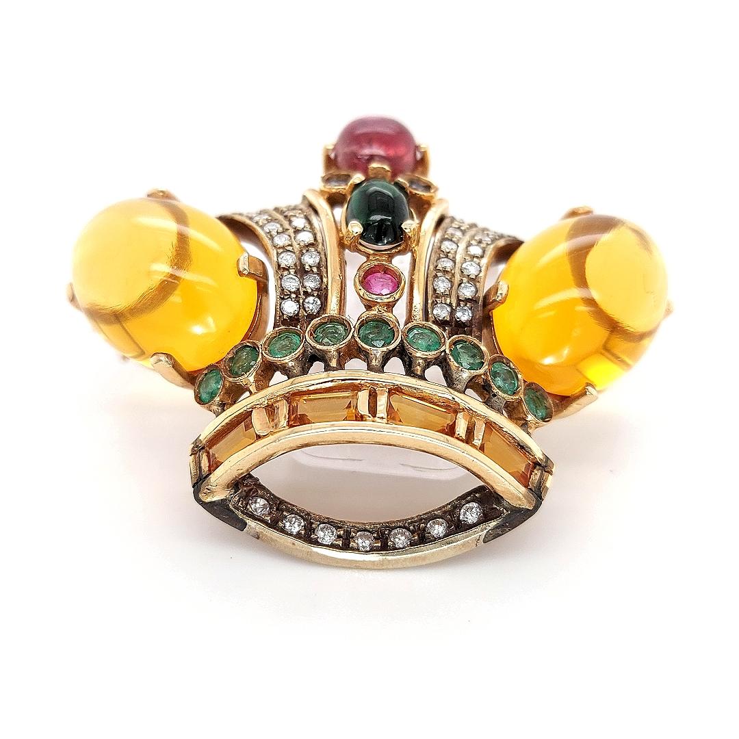 18 Karat Yellow gold Crown Brooch / Pendant with Precious Stones and Diamonds For Sale 4