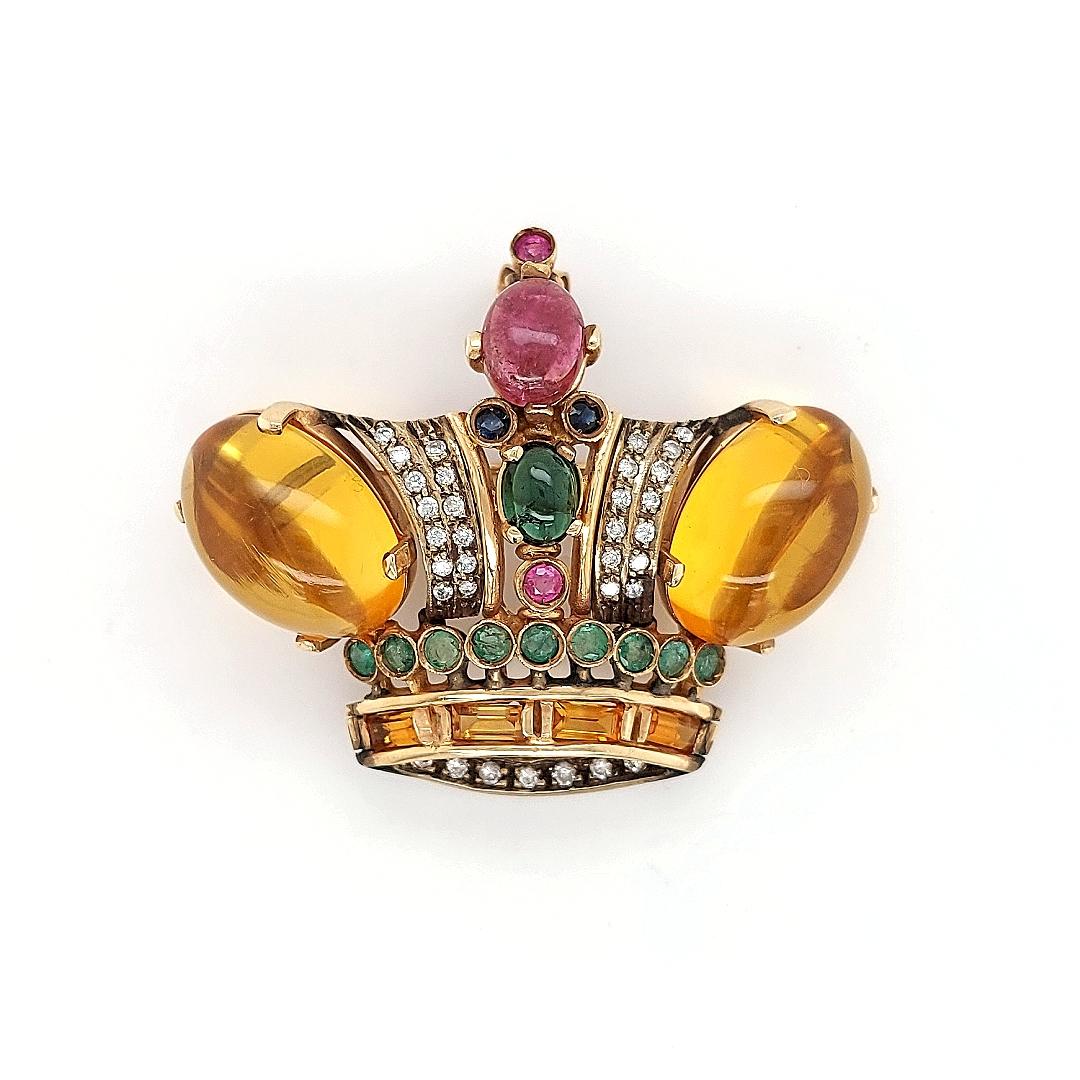 18 Karat Yellow gold Crown Brooch / Pendant with Precious Stones and Diamonds For Sale 5