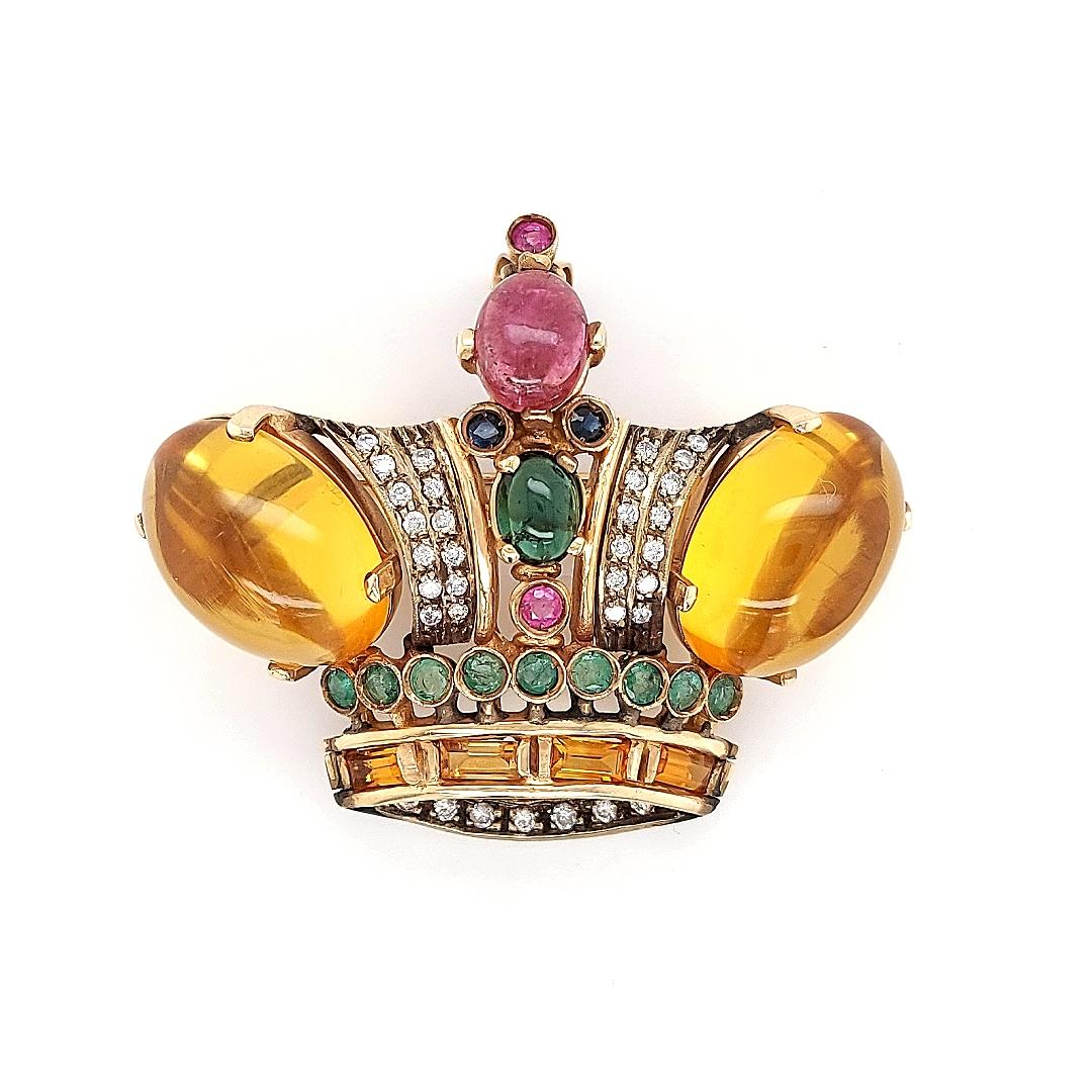 18 Karat Yellow gold Crown Brooch / Pendant with Precious Stones and Diamonds For Sale 6