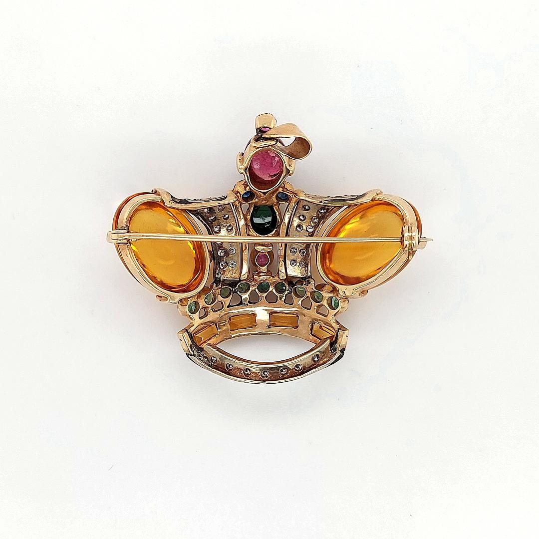 18 Karat Yellow gold Crown Brooch / Pendant with Precious Stones and Diamonds For Sale 7
