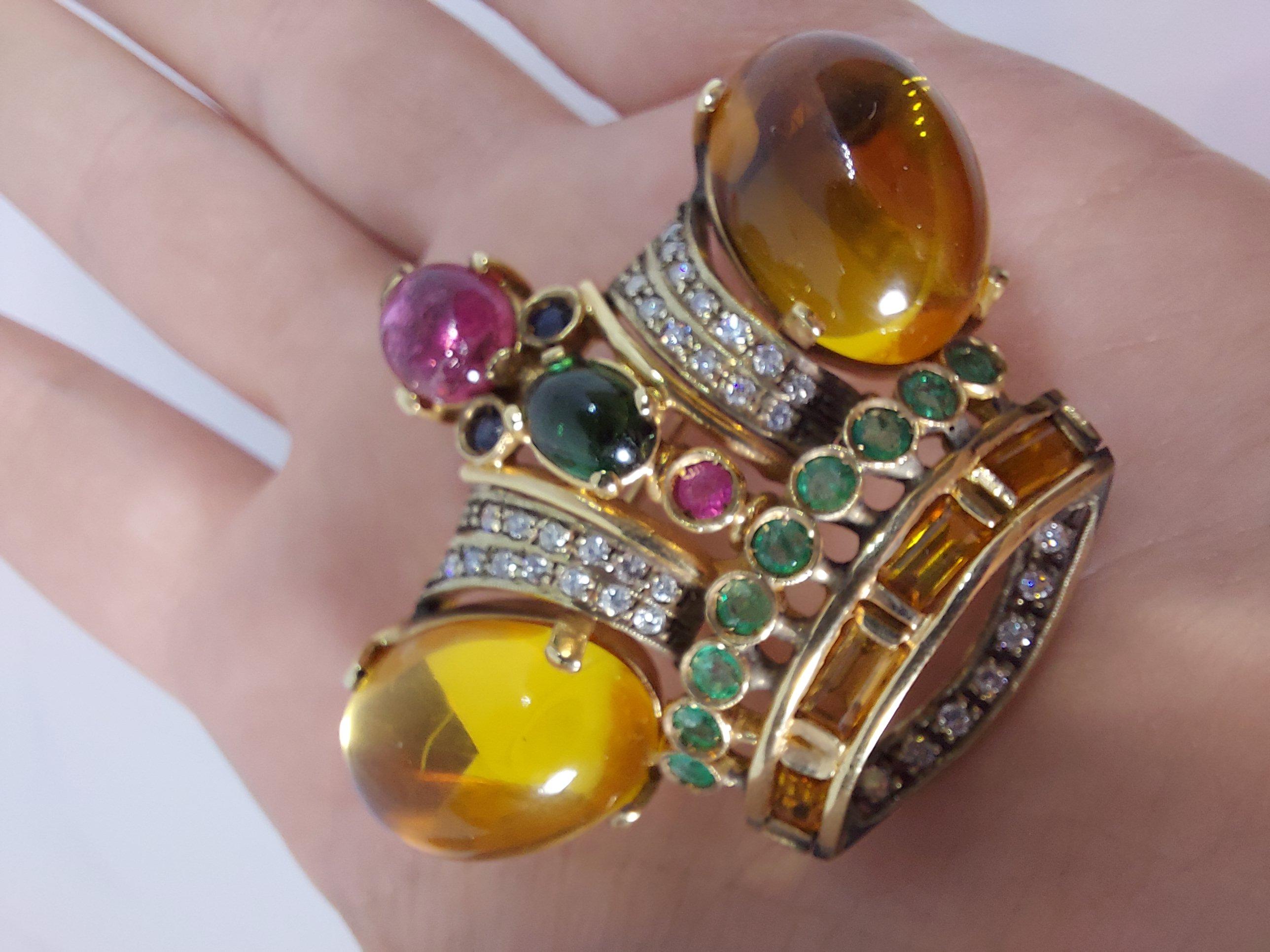 Broche/pendentif couronne en or jaune 18 carats avec pierres précieuses et diamants en vente 11
