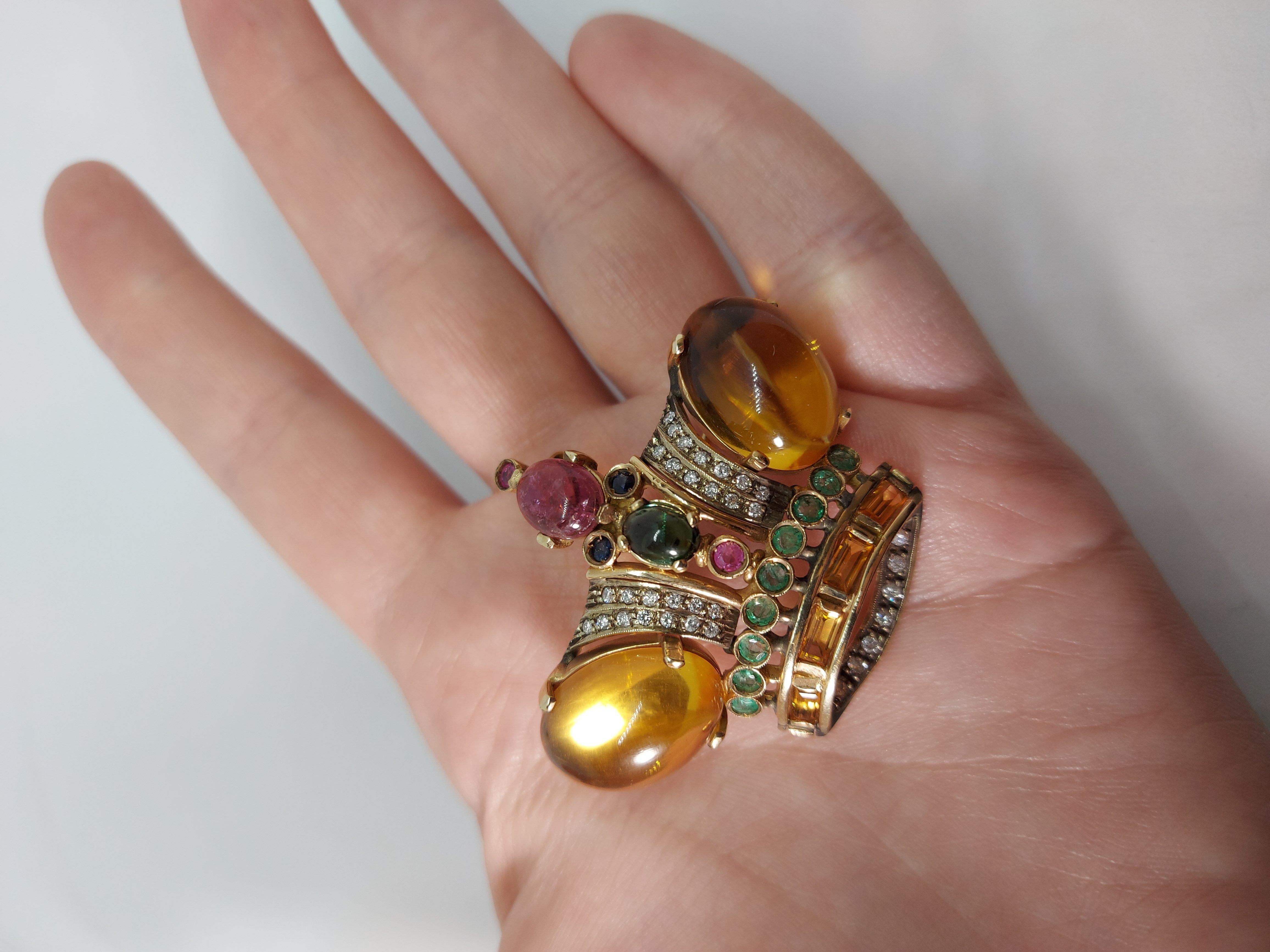 Broche/pendentif couronne en or jaune 18 carats avec pierres précieuses et diamants en vente 13