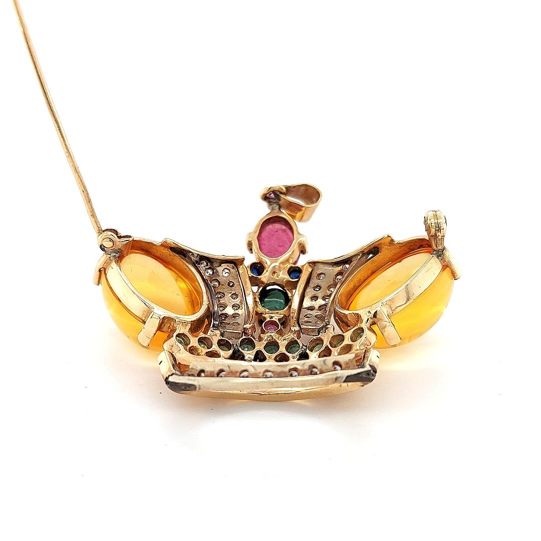 Artist 18 Karat Yellow gold Crown Brooch / Pendant with Precious Stones and Diamonds For Sale