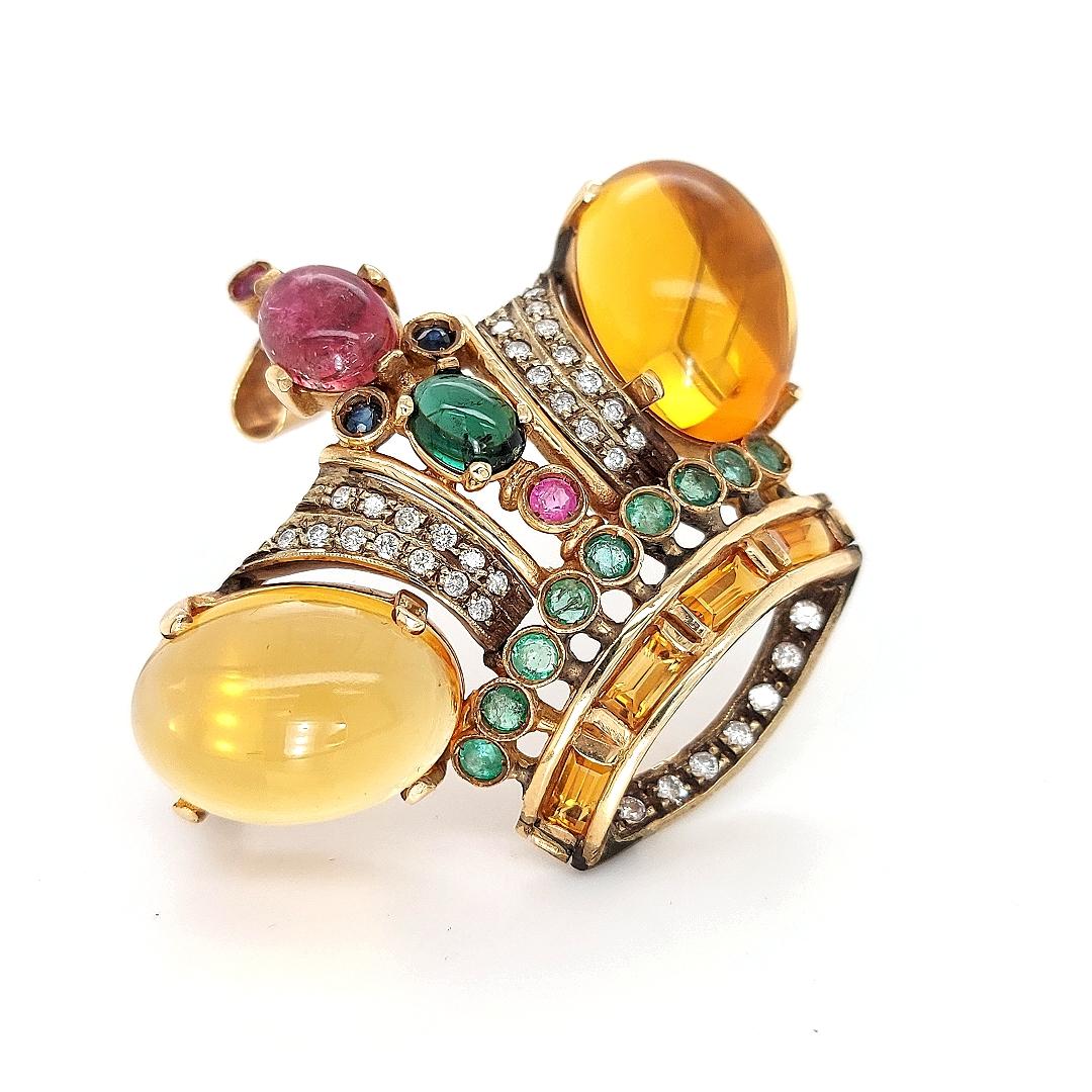 Cabochon 18 Karat Yellow gold Crown Brooch / Pendant with Precious Stones and Diamonds For Sale