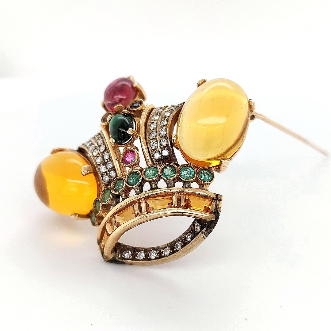 18 Karat Yellow gold Crown Brooch / Pendant with Precious Stones and Diamonds In Excellent Condition For Sale In Antwerp, BE