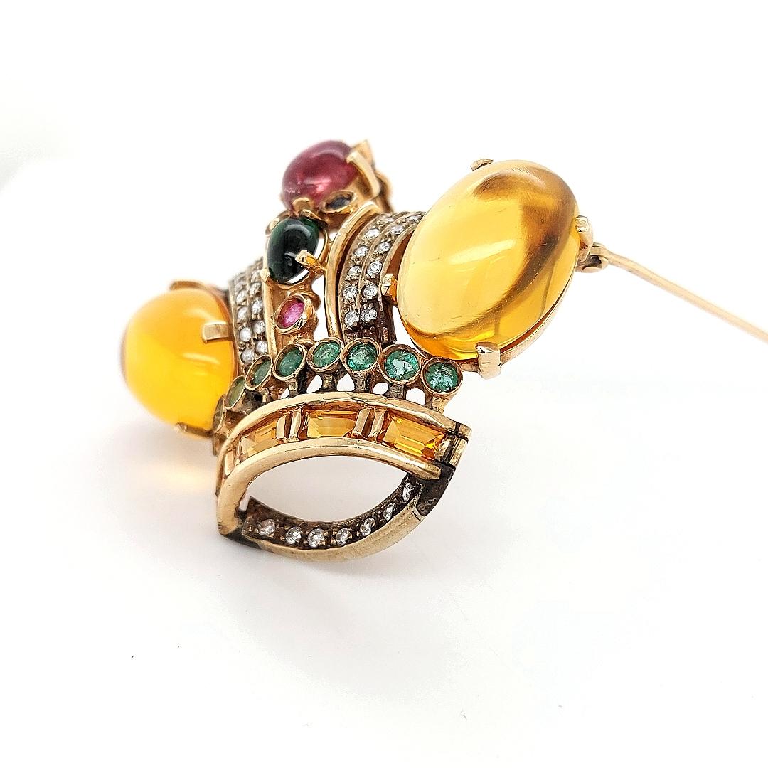 Women's or Men's 18 Karat Yellow gold Crown Brooch / Pendant with Precious Stones and Diamonds For Sale