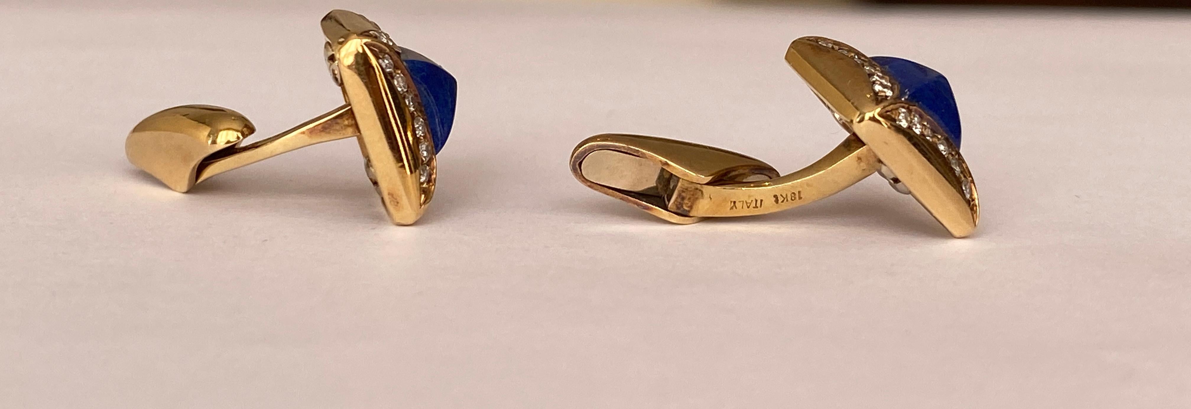 Women's or Men's 18 Kt. Yellow Gold Cufflinks Lapis Lazulis and Diamonds For Sale