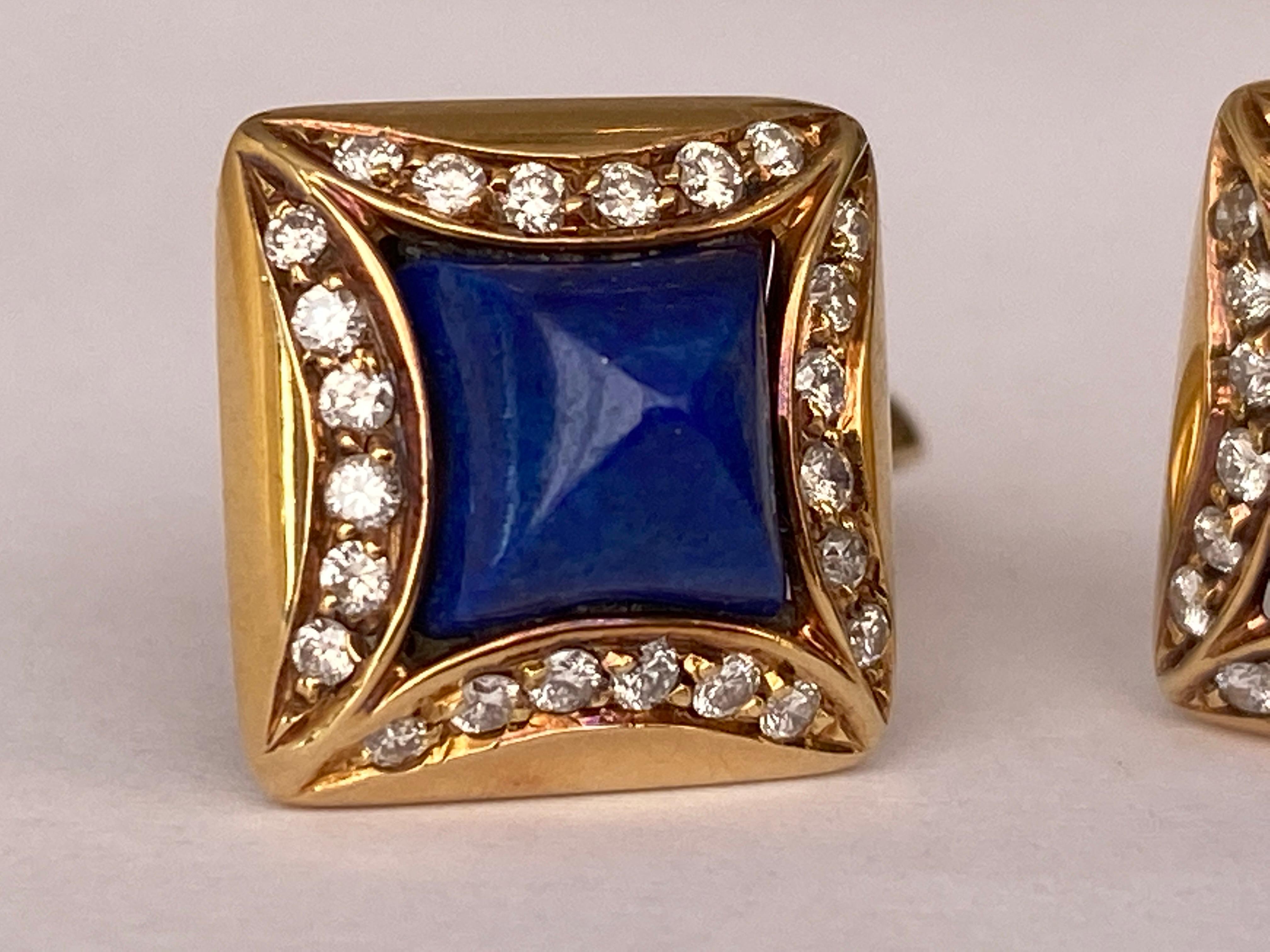 18 Kt. Yellow Gold Cufflinks Lapis Lazulis and Diamonds For Sale 2