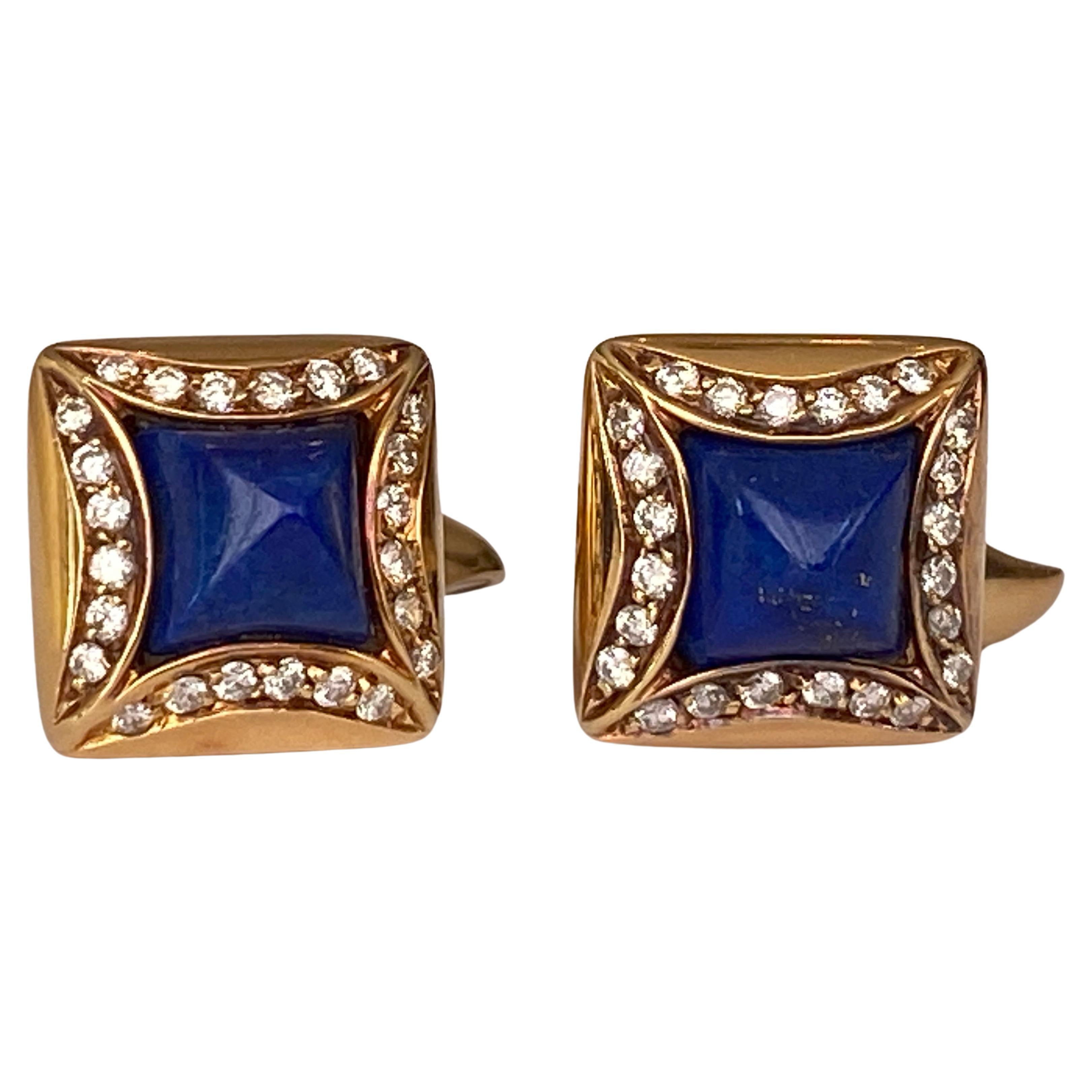 18 Kt. Yellow Gold Cufflinks Lapis Lazulis and Diamonds For Sale
