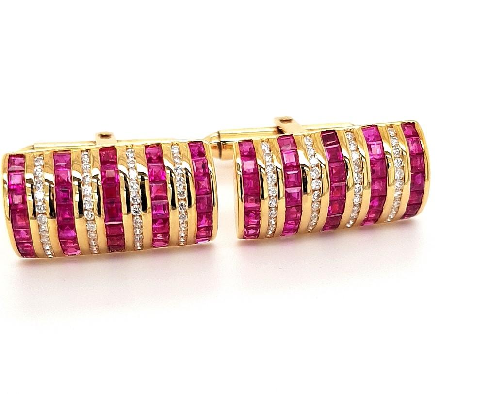 Artisan 18kt Yellow Gold Cufflinks with Rubies and Diamonds For Sale