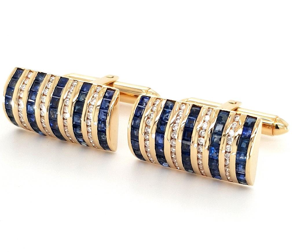 Artisan 18kt Yellow Gold Cufflinks with Sapphires and Diamonds Stunning For Sale
