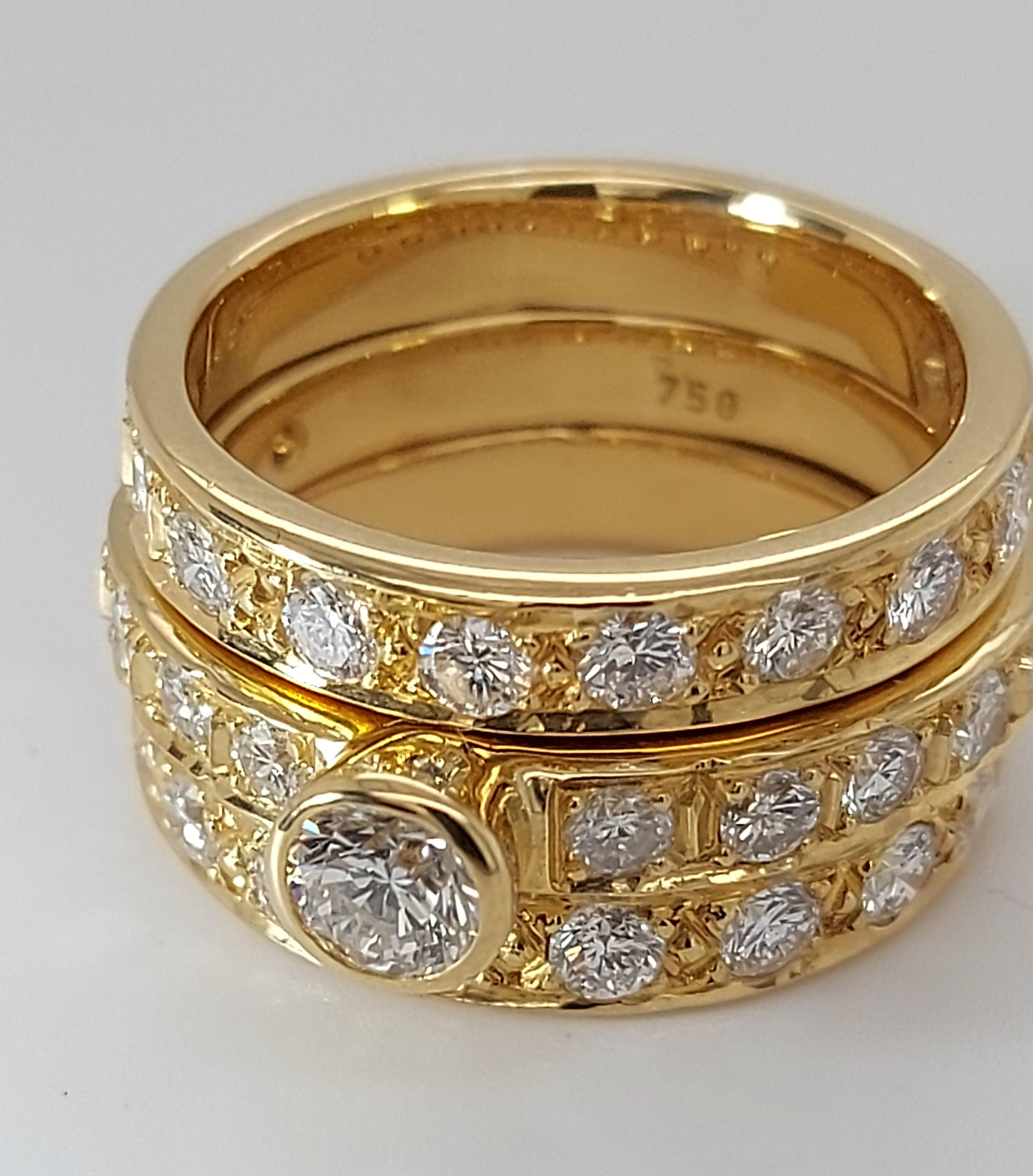 Glamouröser 2-teiliger Diamantring aus Gelbgold, kann getrennt werden und als Hochzeits- und Verlobungsring verwendet werden

Diamant: Der Hauptdiamant hat ca. 0,5 ct und ist von weiteren 34 Diamanten umgeben =2,04+0,5= 2,54 ct Gesamtgewicht an