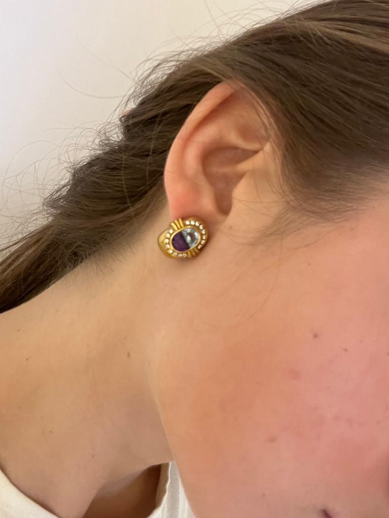 Women's or Men's 18-kt Yellow Gold, Diamond, Amethyst, and Aquamarine Earrings For Sale
