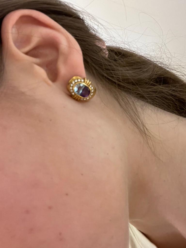 18-kt Yellow Gold, Diamond, Amethyst, and Aquamarine Earrings For Sale 1