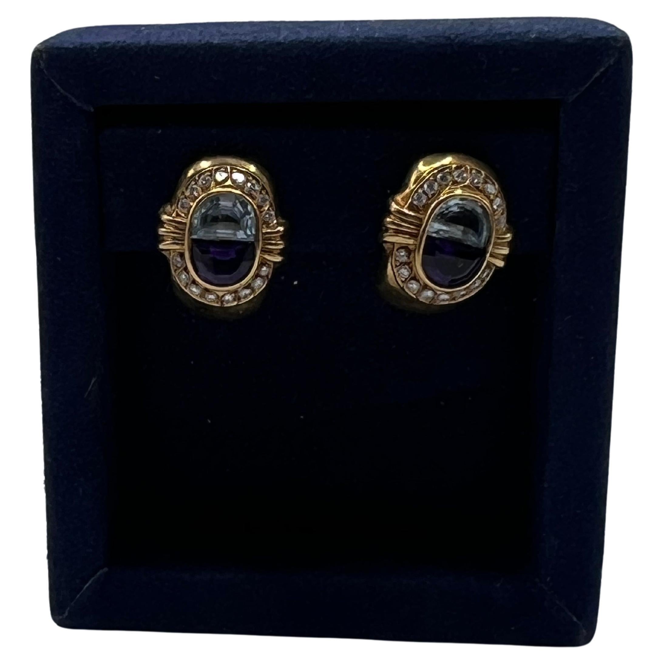Pendientes de oro amarillo de 18 quilates, diamantes, amatista y aguamarina