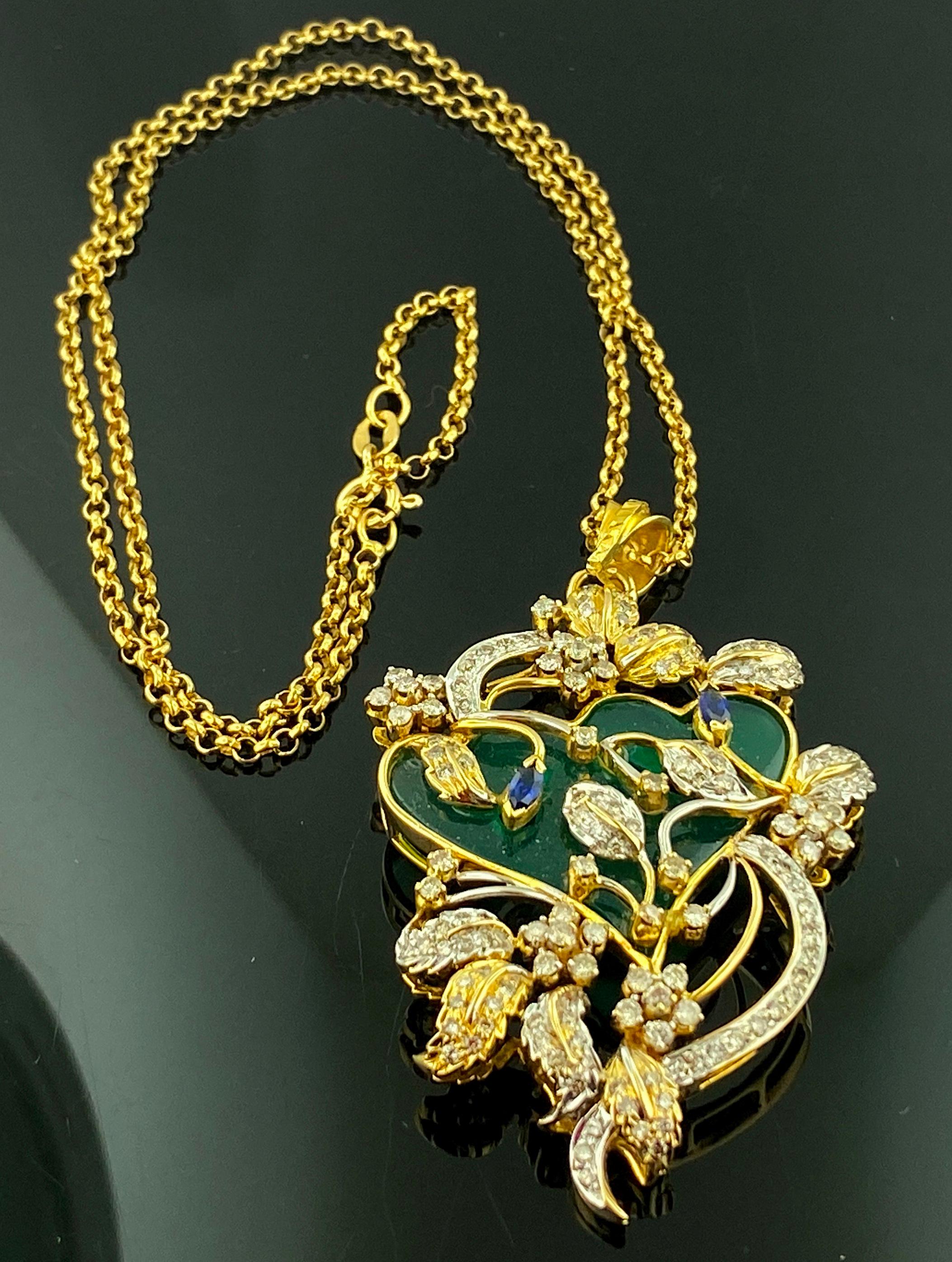 18 KT Yellow Gold Diamond and Green Onyx Pendant Necklace For Sale 1