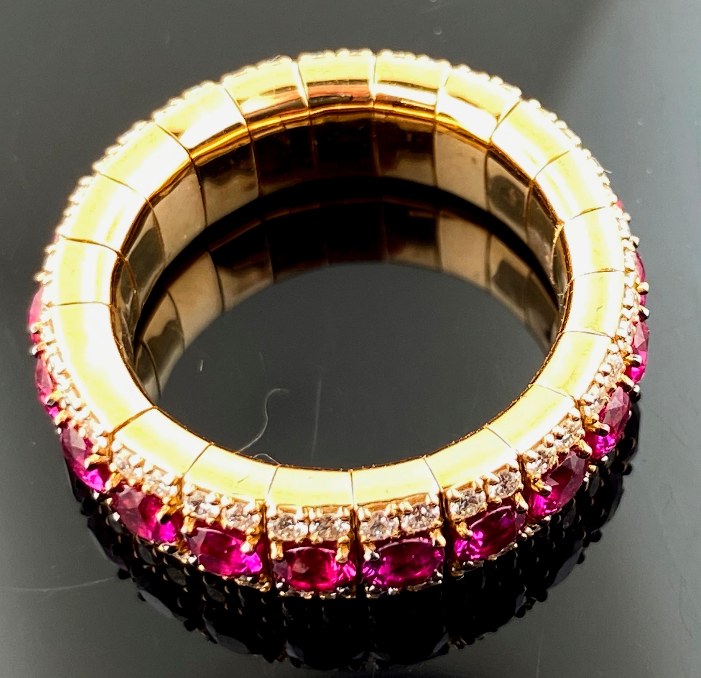 Round Cut 18 Karat Yellow Gold Diamond and Ruby Expandable Band For Sale
