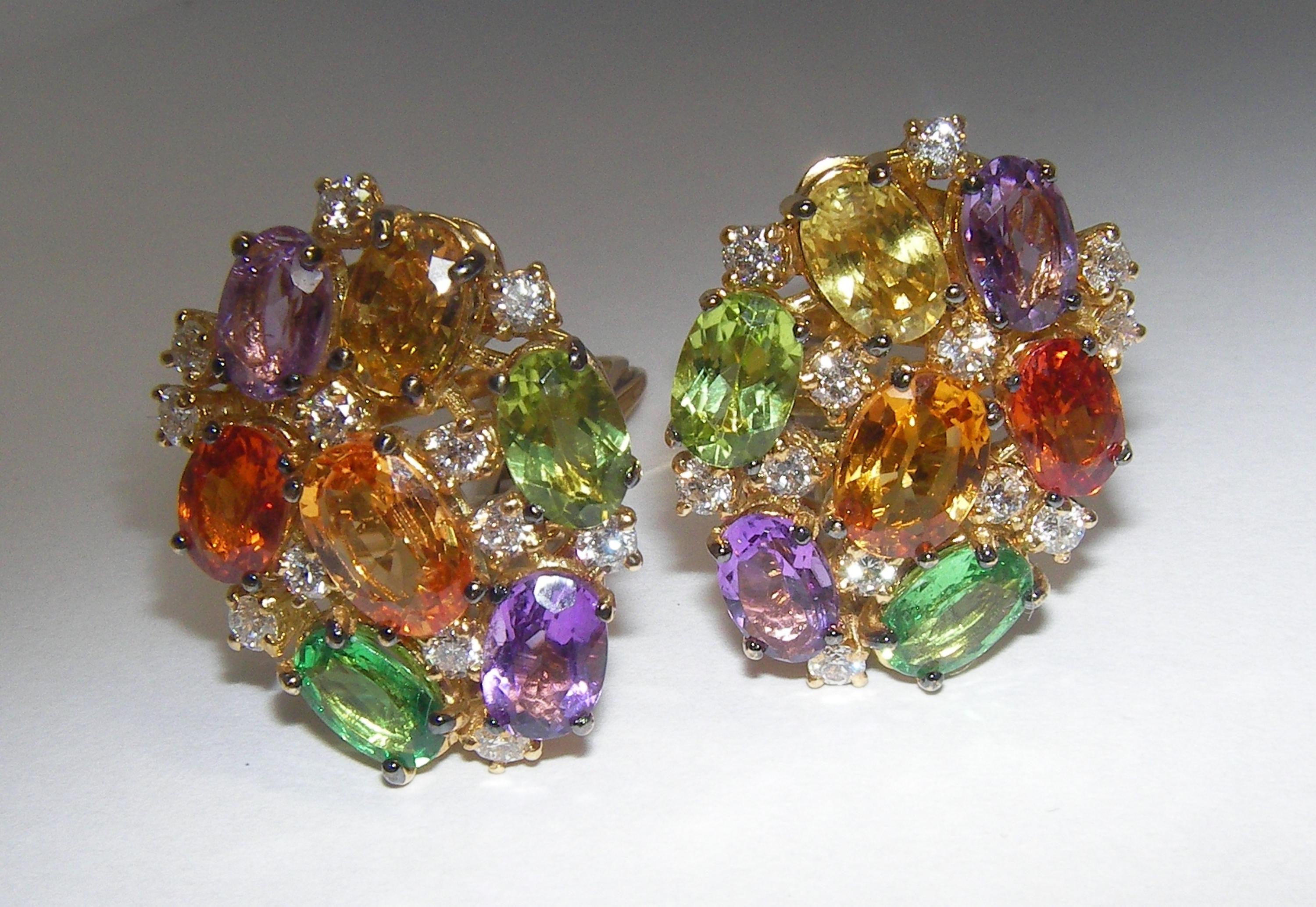 Women's or Men's 18 Karat Gold Diamond Peridot Garnet Amethyst and Sapphire Cluster Earrings